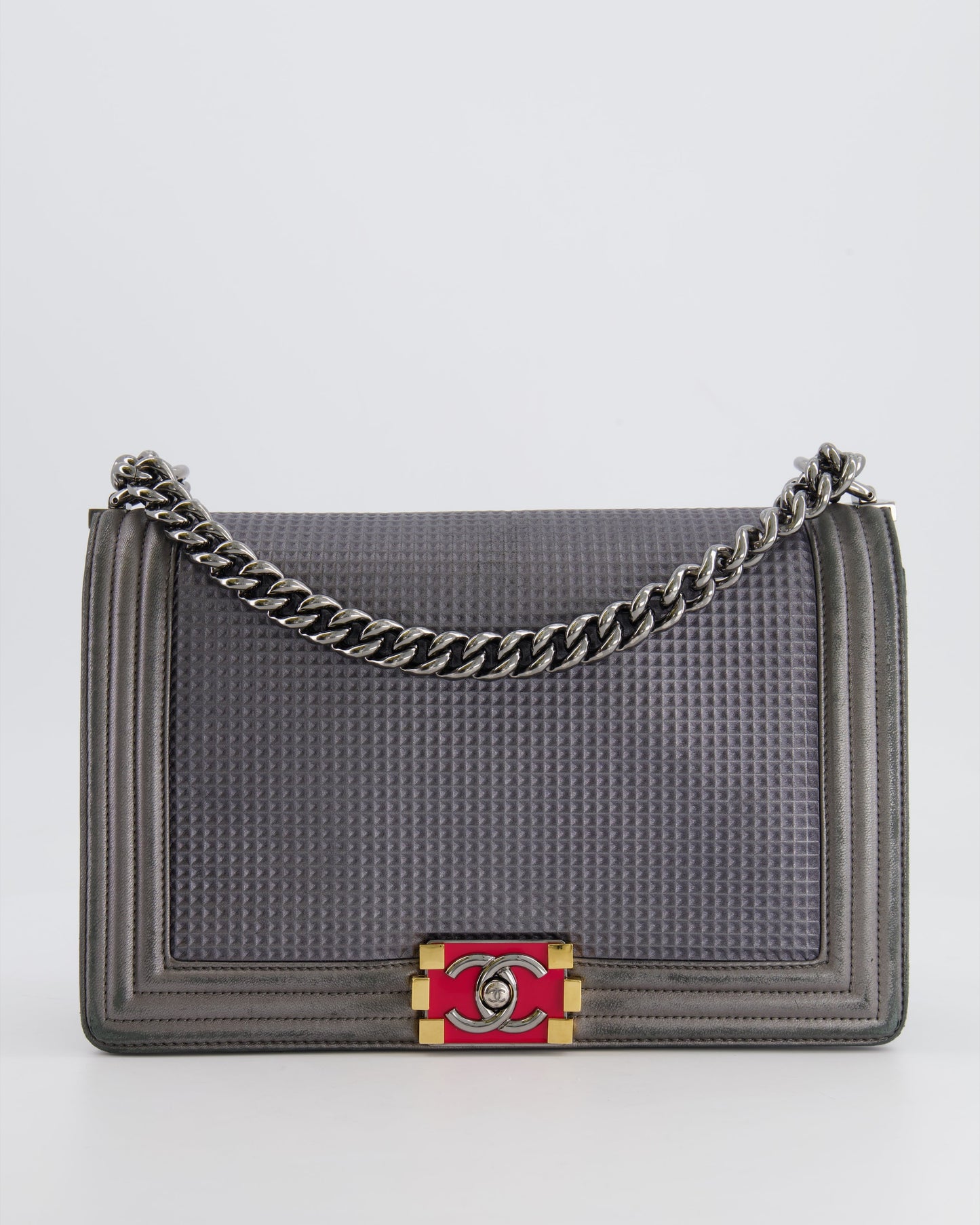 Chanel Grey Silver Medium Cube Calfskin Boy Bag with Silver, Gold and Red Hardware