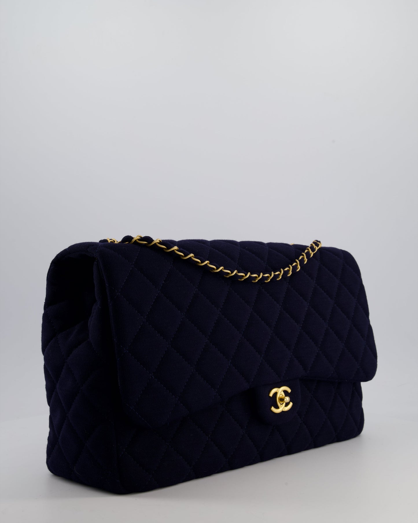 *HOT* Chanel Navy XXL Single Flap Bag in Quilted Jersey with Gold Hardware