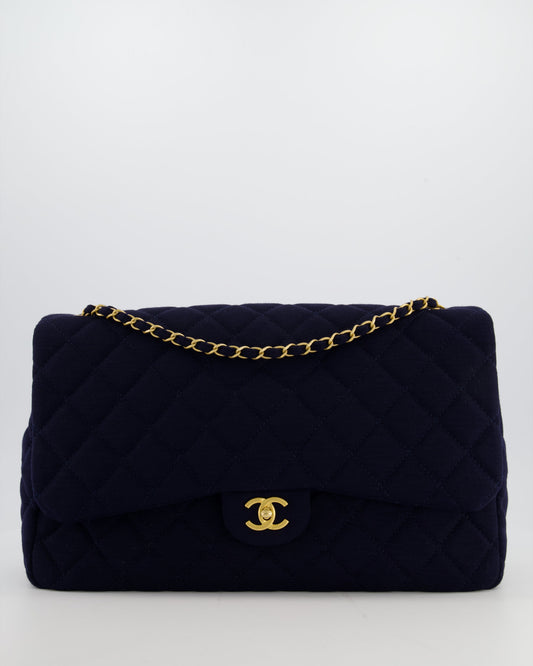 *HOT* Chanel Navy XXL Single Flap Bag in Quilted Jersey with Gold Hardware