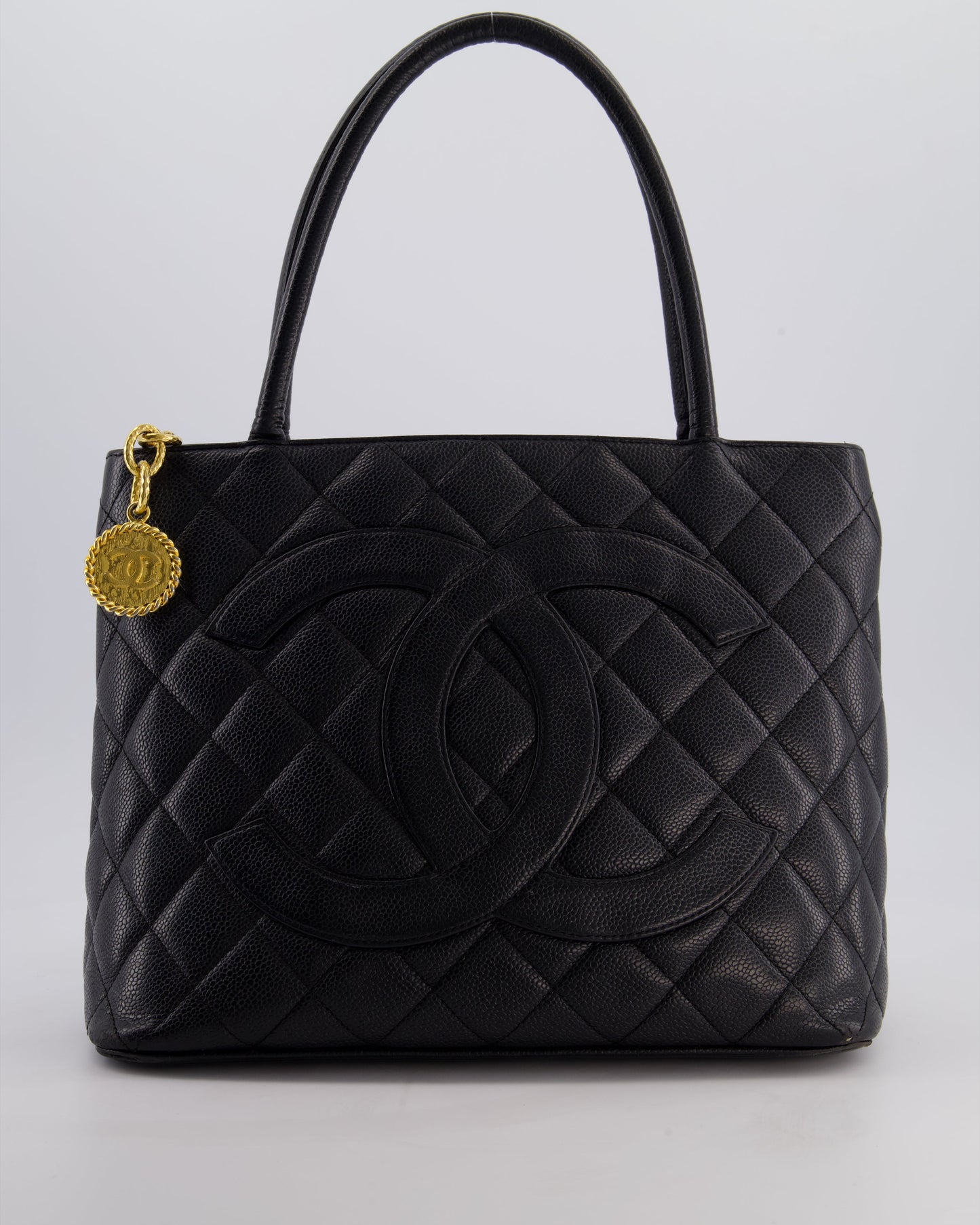 Chanel Black Medallion Tote in Black Quilted Caviar Leather with Gold Hardware
