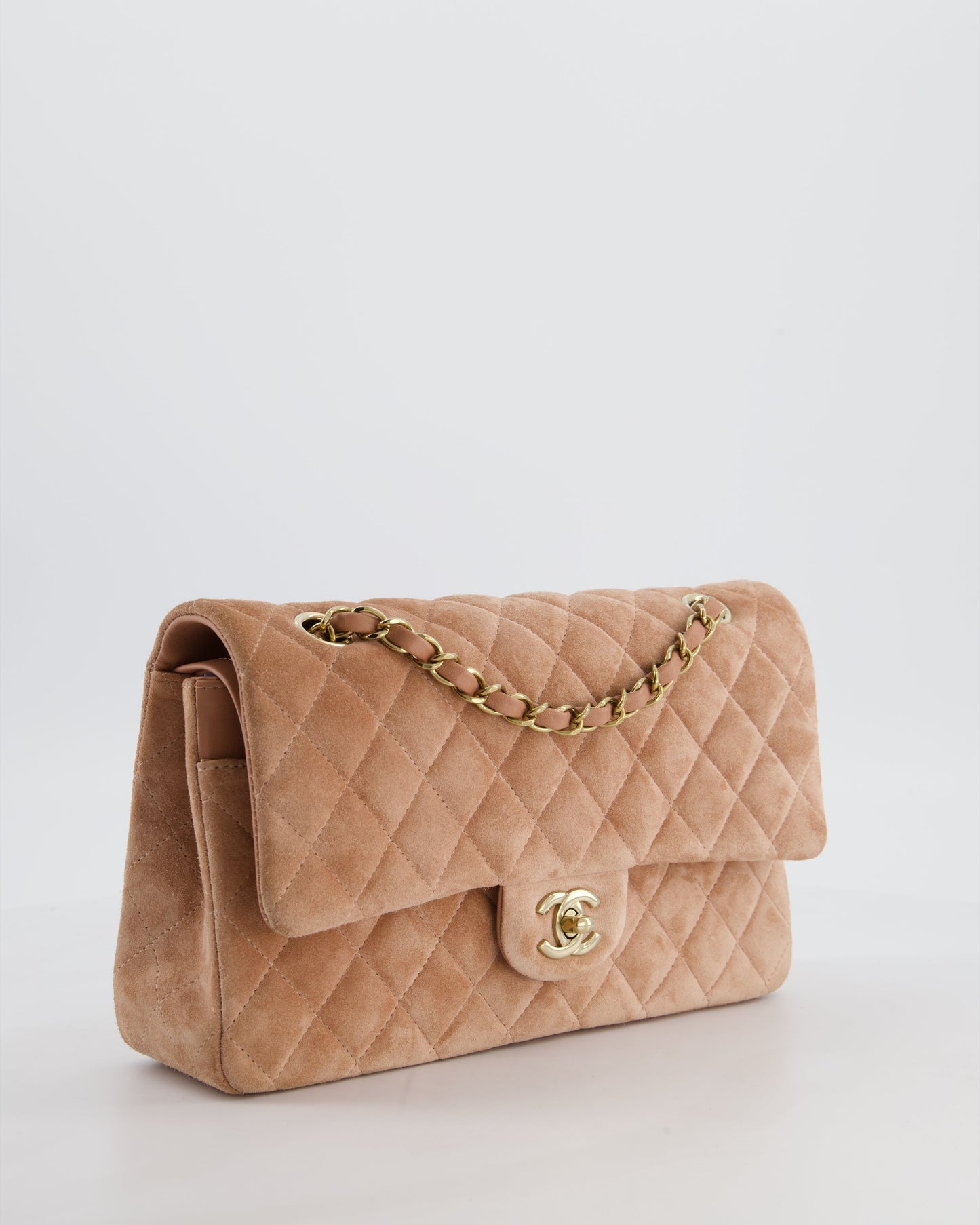 *SUPER RARE* Chanel Caramel Medium Classic Double Flap Bag in Suede Leather with Champagne Gold Hardware