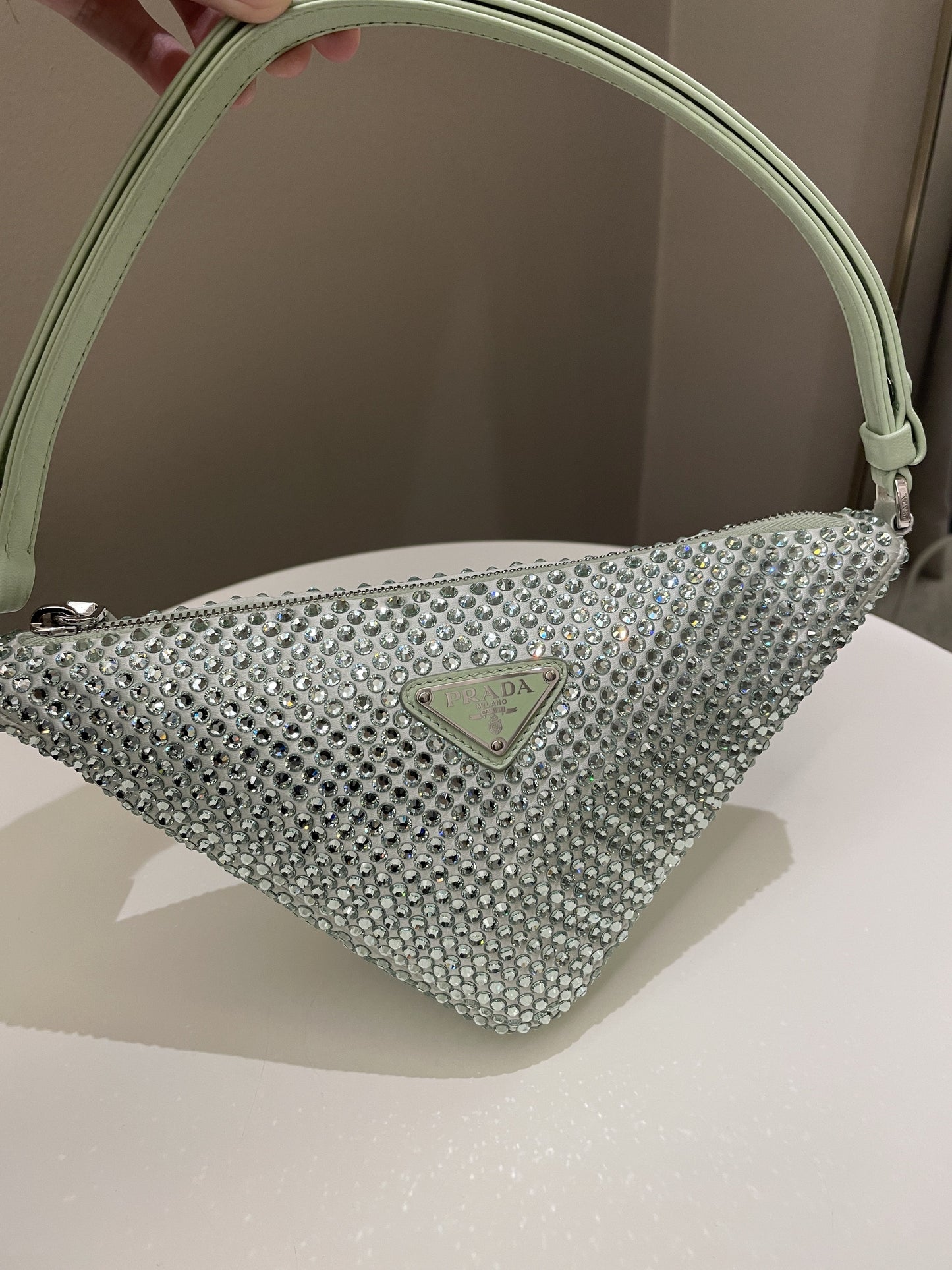 Prada Triangular Crystal Auqa Green Luxury Handbag