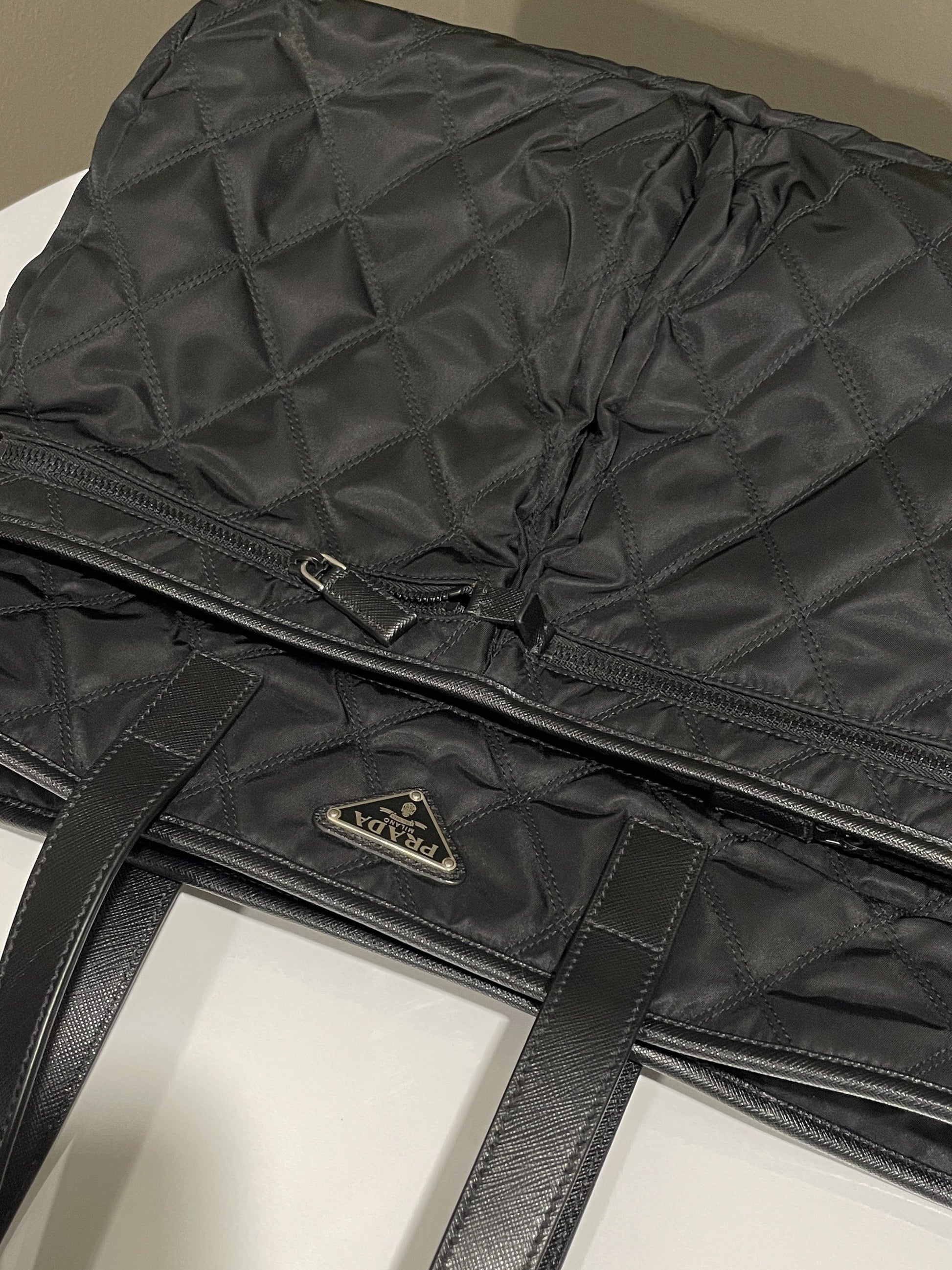 Prada Quilted Double Front Pocket Tote Black Nylon