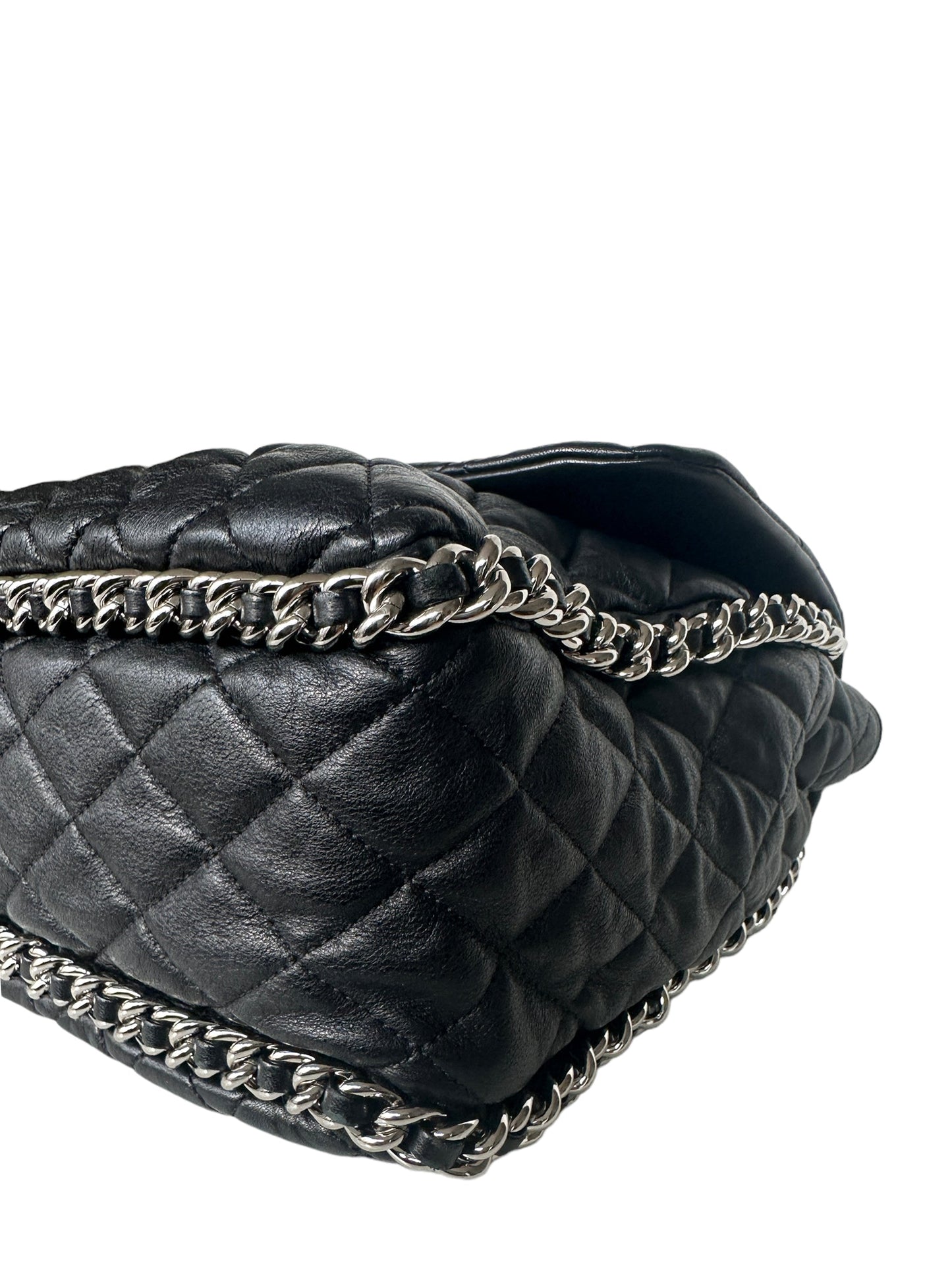 Chanel Black Washed Lambskin Quilted Maxi Chain Around Flap Bag