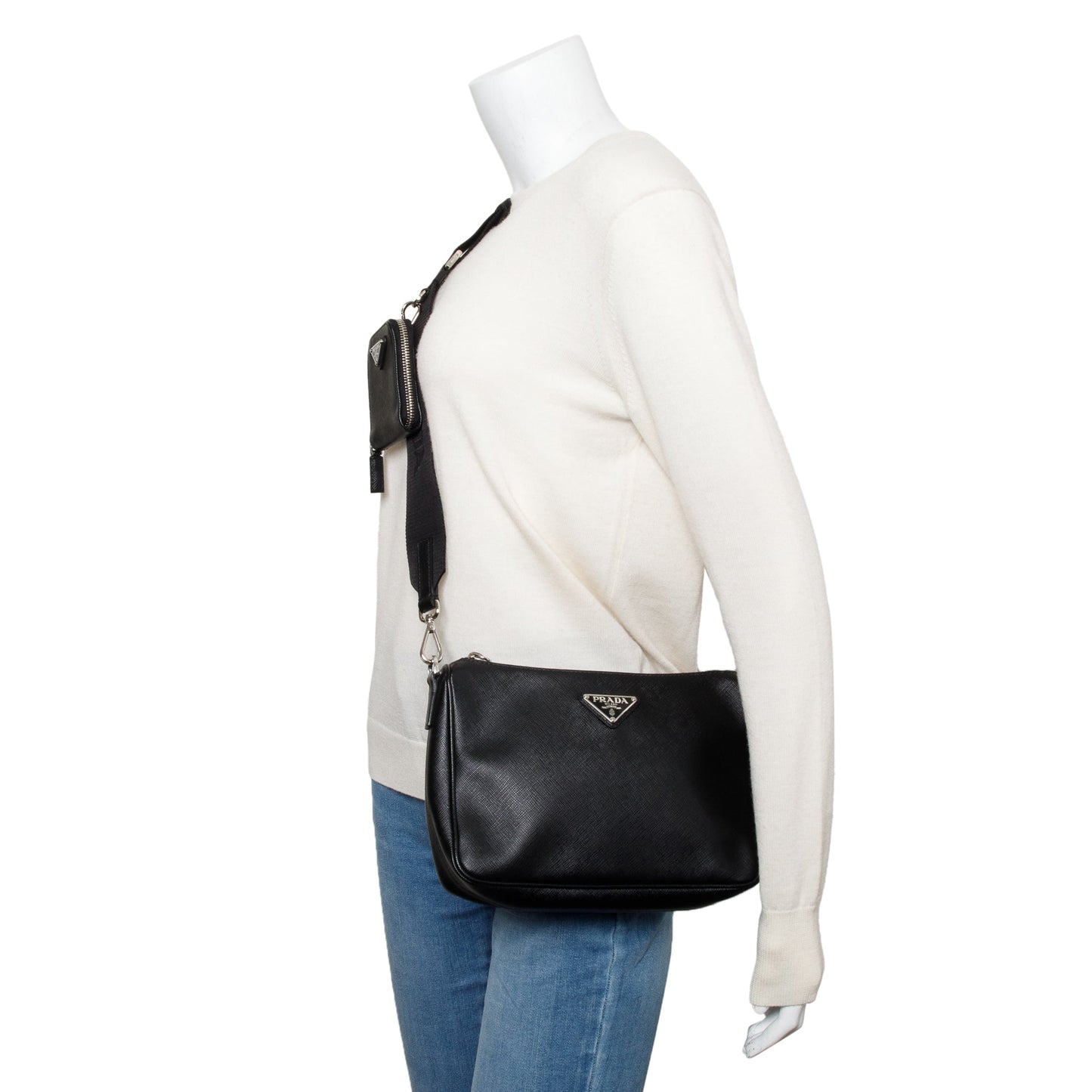 Prada 2020 Black Saffiano Travel Pocket Zippered Shoulder Bag