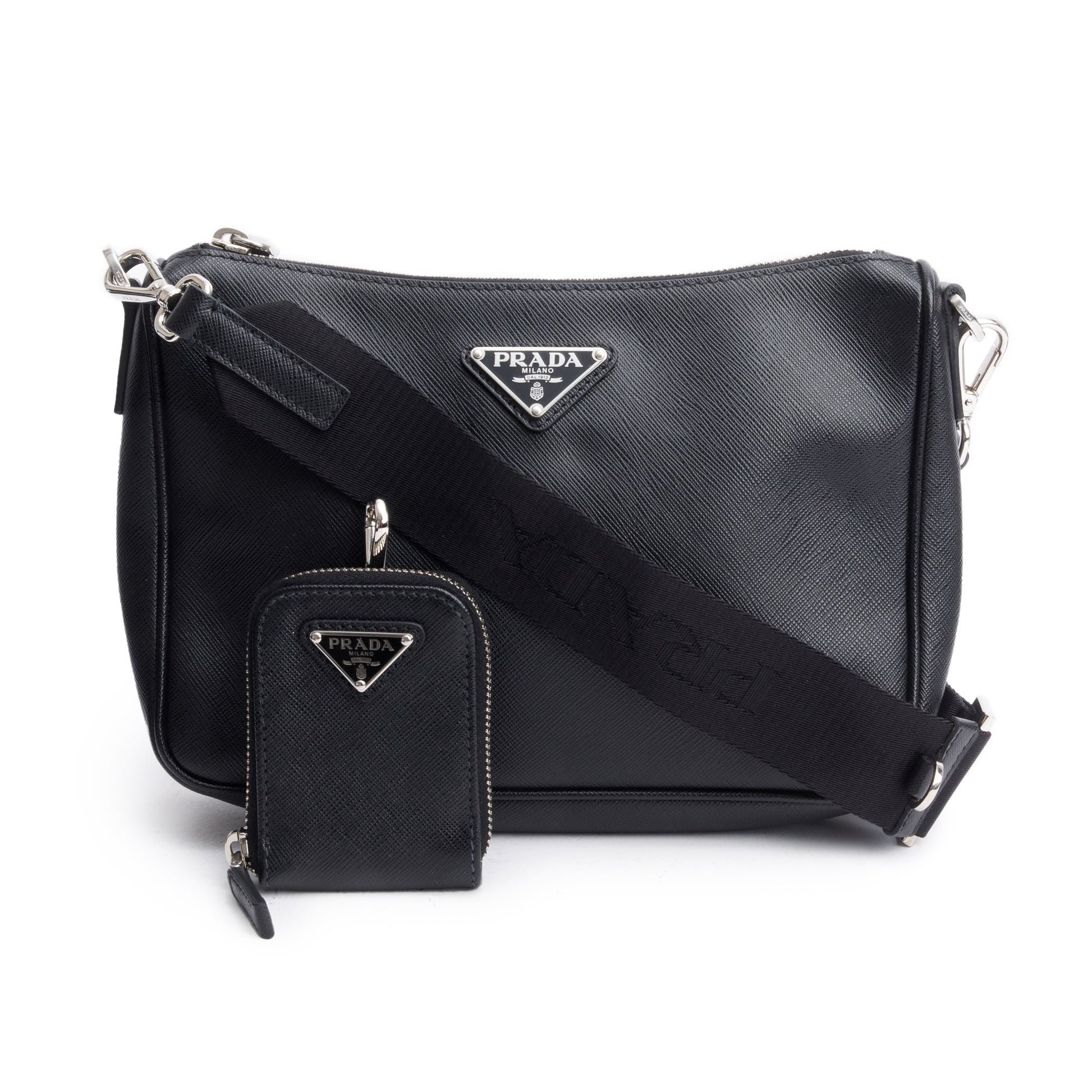 Prada 2020 Black Saffiano Travel Pocket Zippered Shoulder Bag