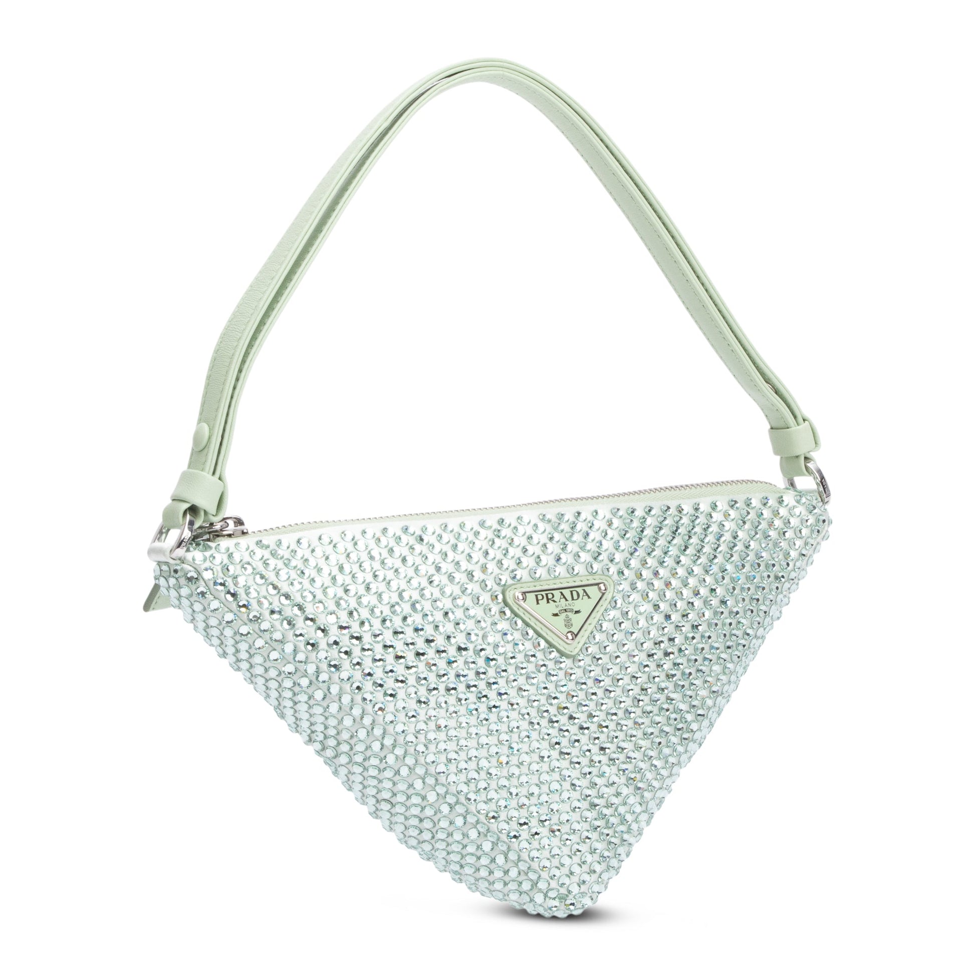 Prada 2022 Green Satin Crystal Enamel Triangle Bag