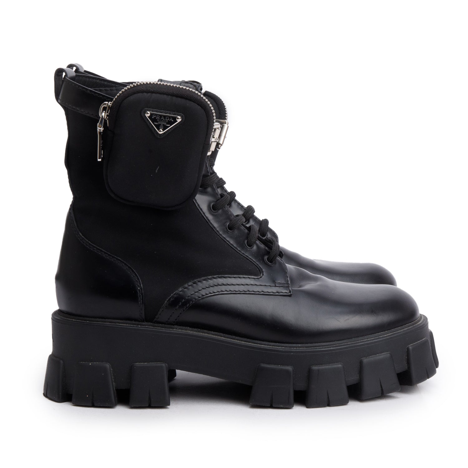 Prada Black Monolith Leather and Re-Nylon Boots with Pouch, Men’s Size 40.5