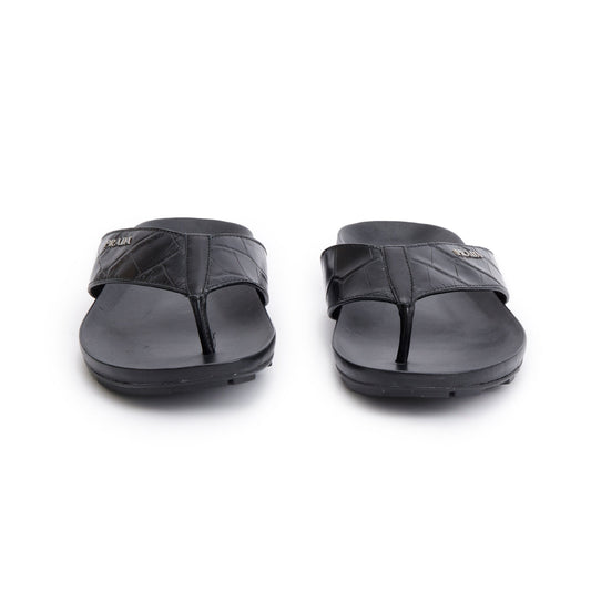 Prada Black Embossed Leather Mens Thong Slide Sandals, Size 7
