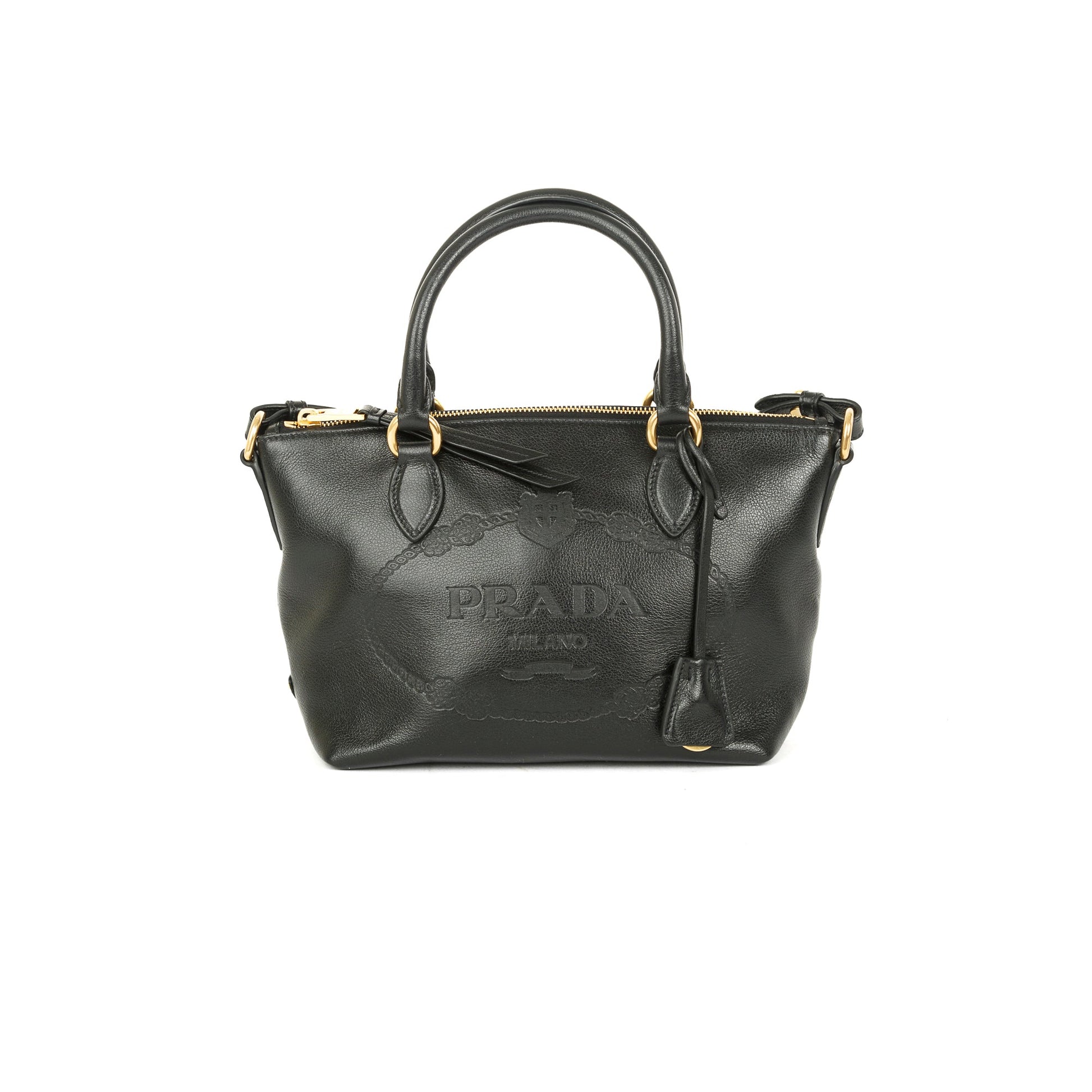 Prada Black Glace Calf Embossed Logo Tote