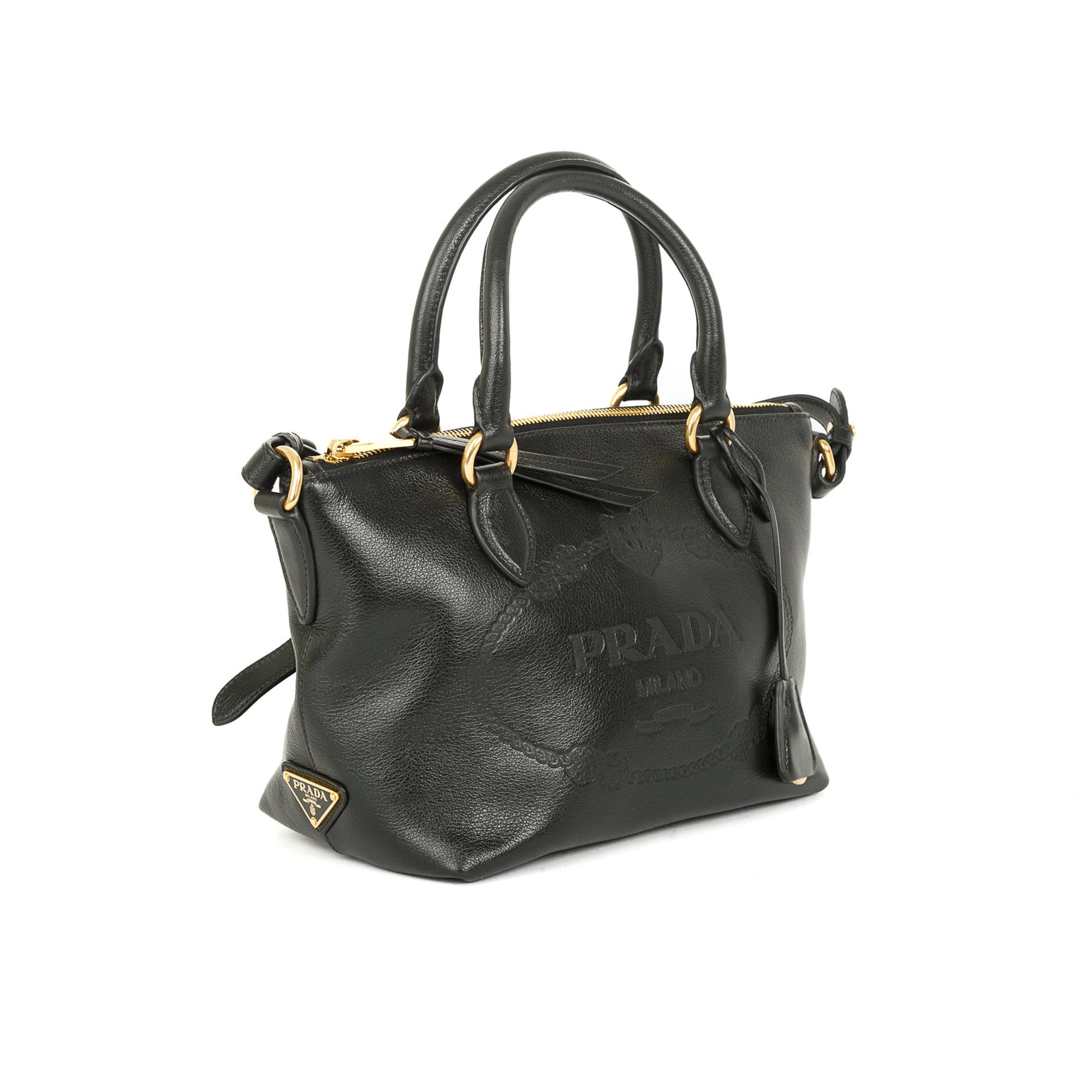 Prada Black Glace Calf Embossed Logo Tote