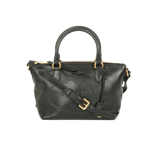 Prada Black Glace Calf Embossed Logo Tote