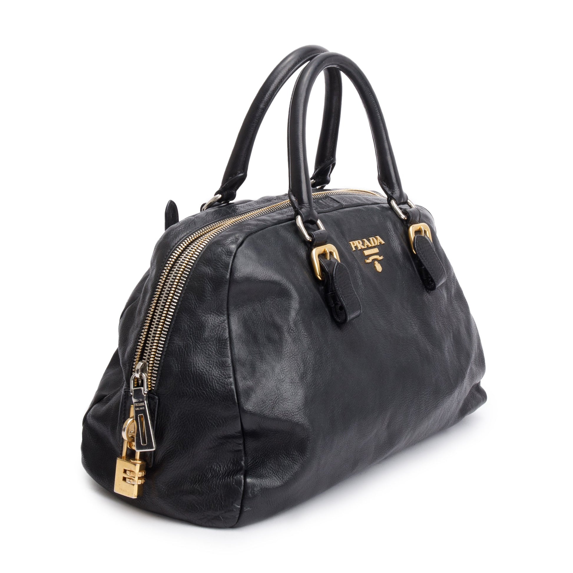 Prada Black Glace Zipper Bowler Bag