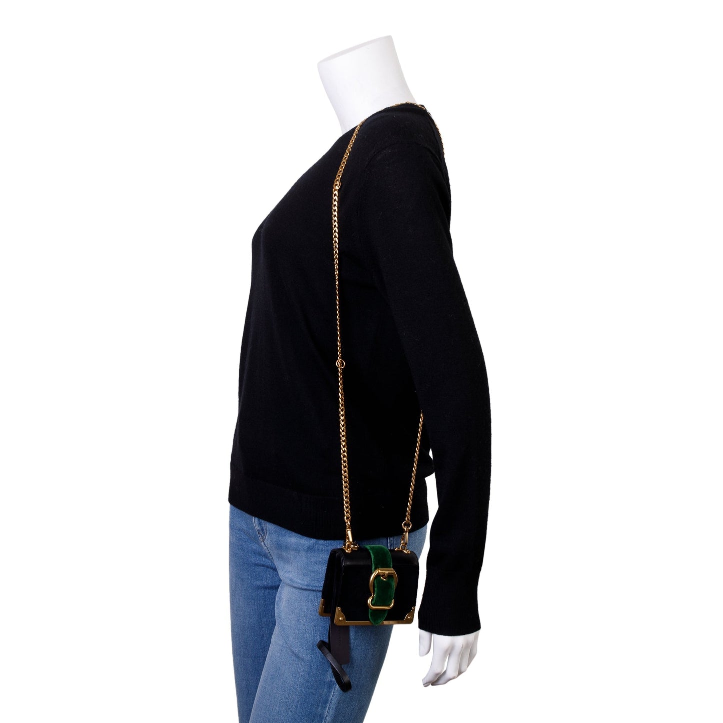 Prada Black Green Velluto City Calf Wallet on Chain