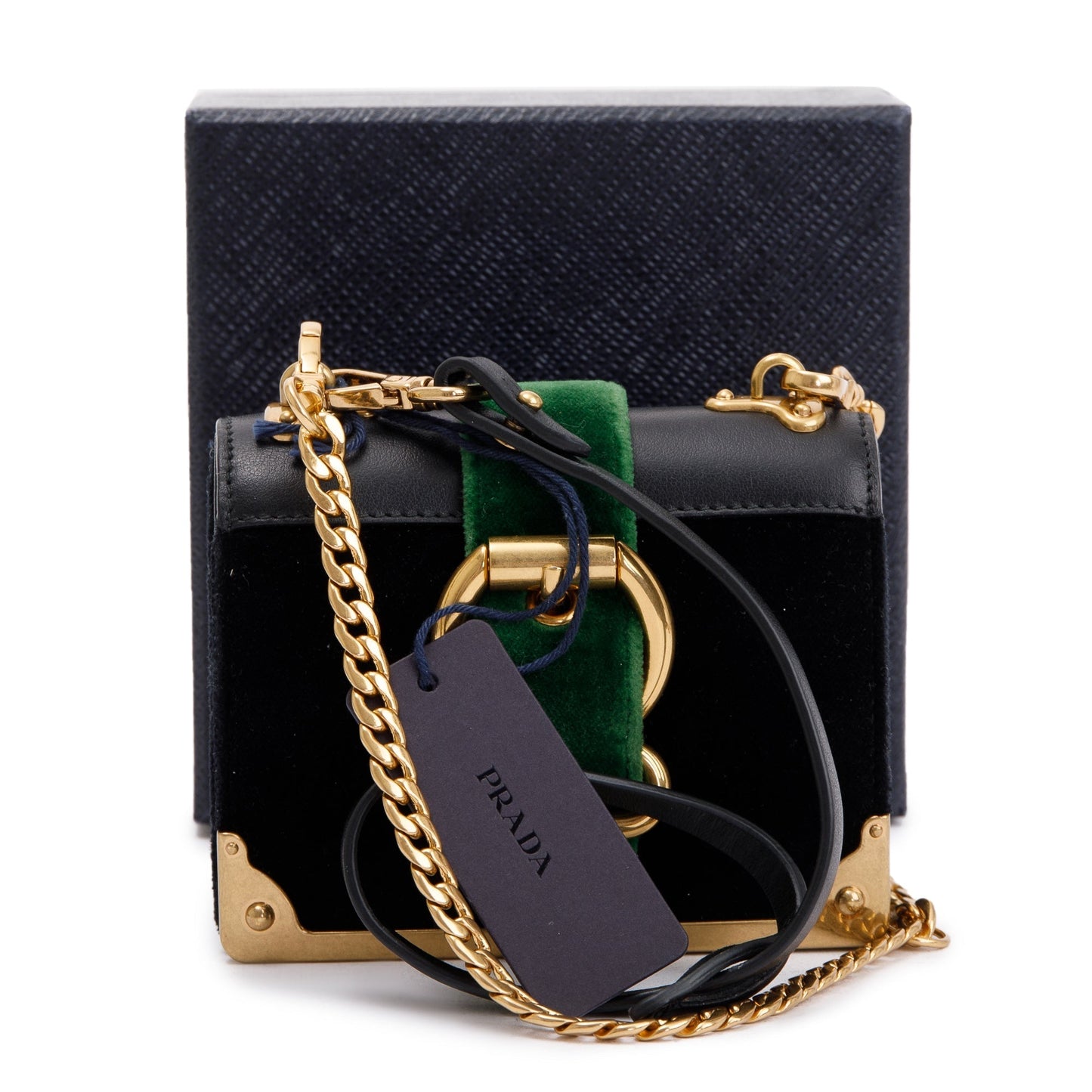 Prada Black Green Velluto City Calf Wallet on Chain