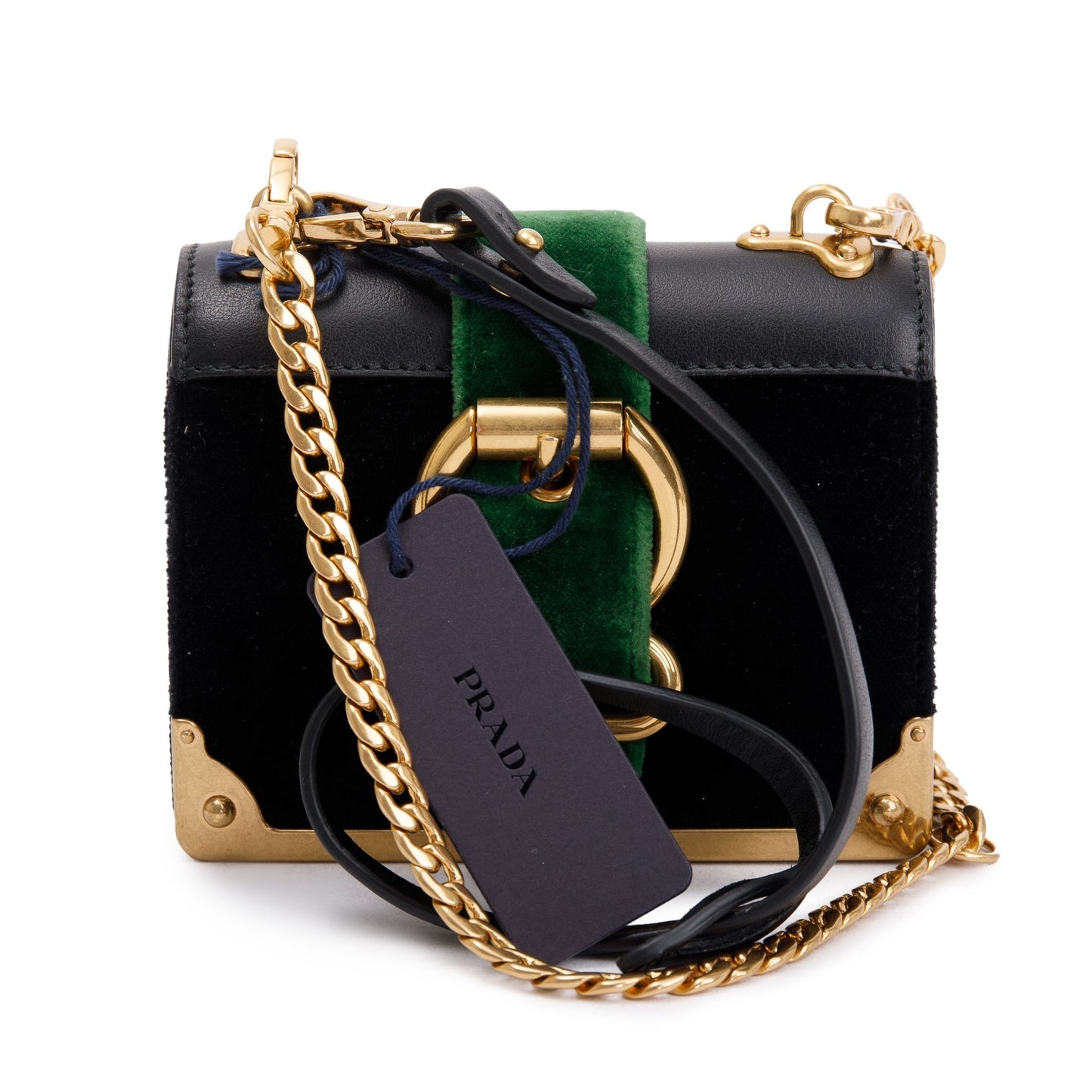 Prada Black Green Velluto City Calf Wallet on Chain