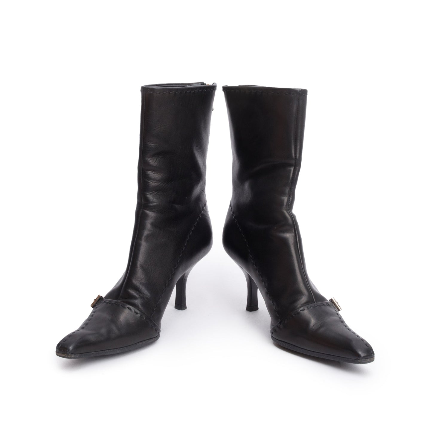 Prada Black Leather Buckle Accent Pointed Toe Ankle Boots, Size 37.5