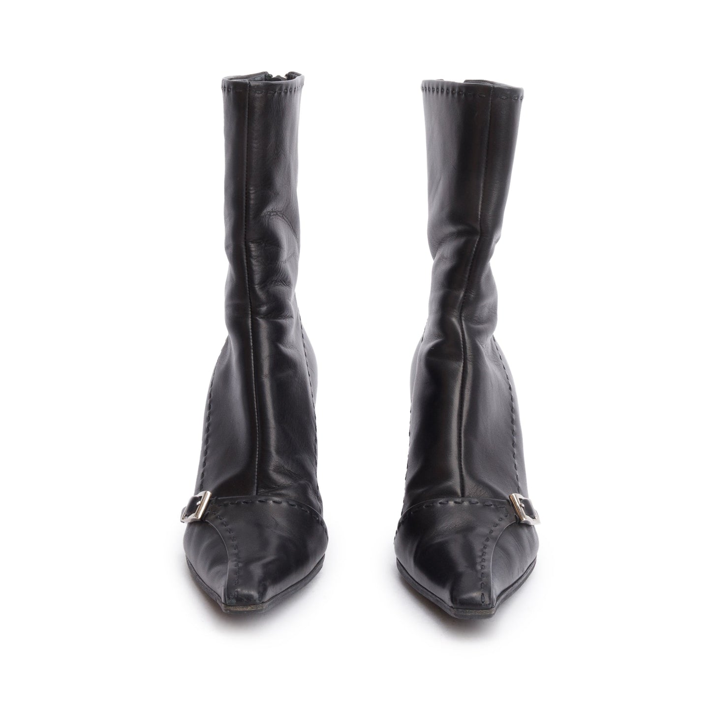 Prada Black Leather Buckle Accent Pointed Toe Ankle Boots, Size 37.5