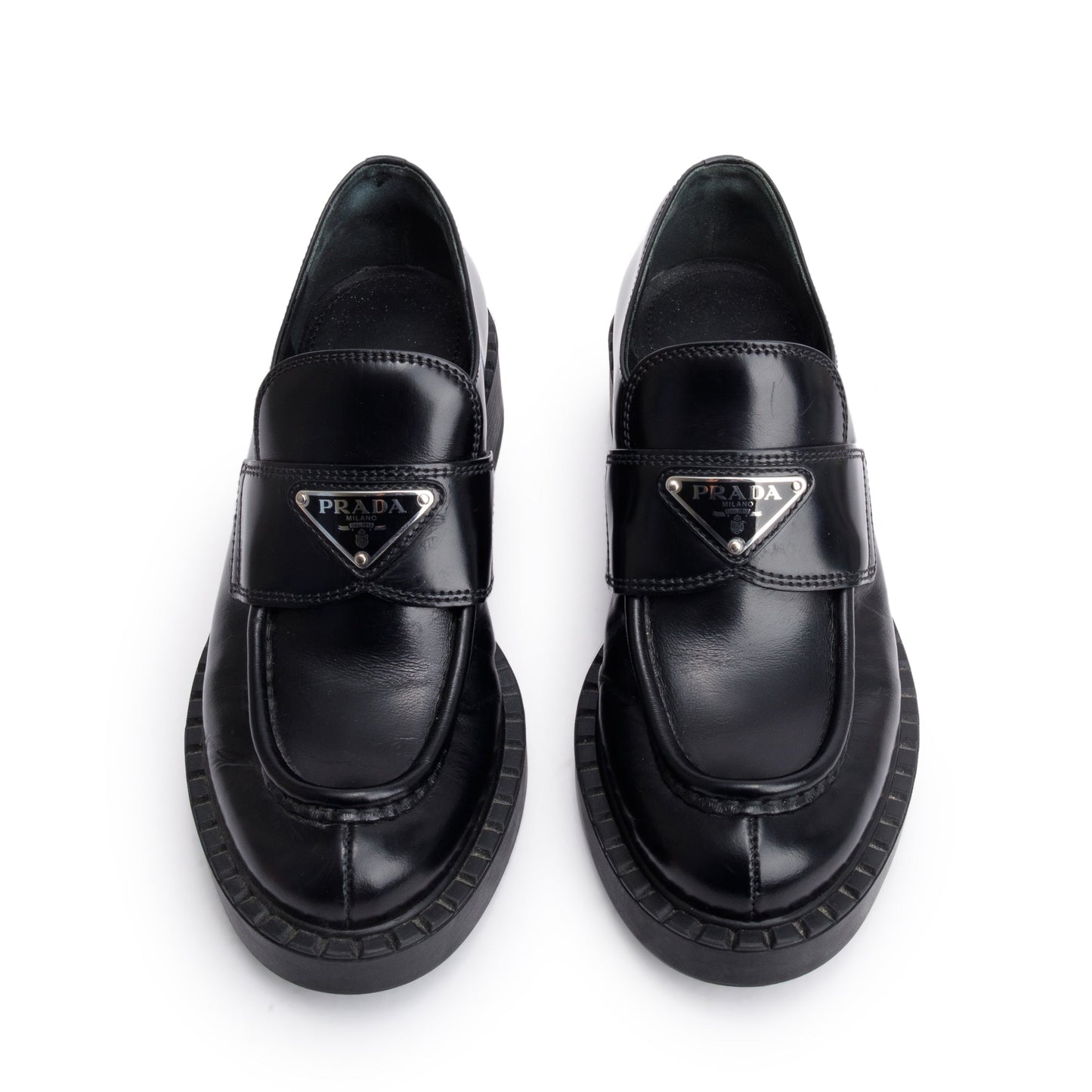 Prada Black Leather Signature Logo Loafers, Size 35