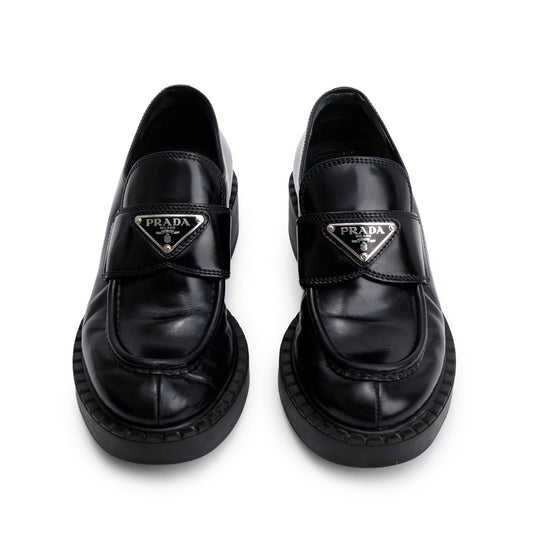 Prada Black Leather Signature Logo Loafers, Size 35
