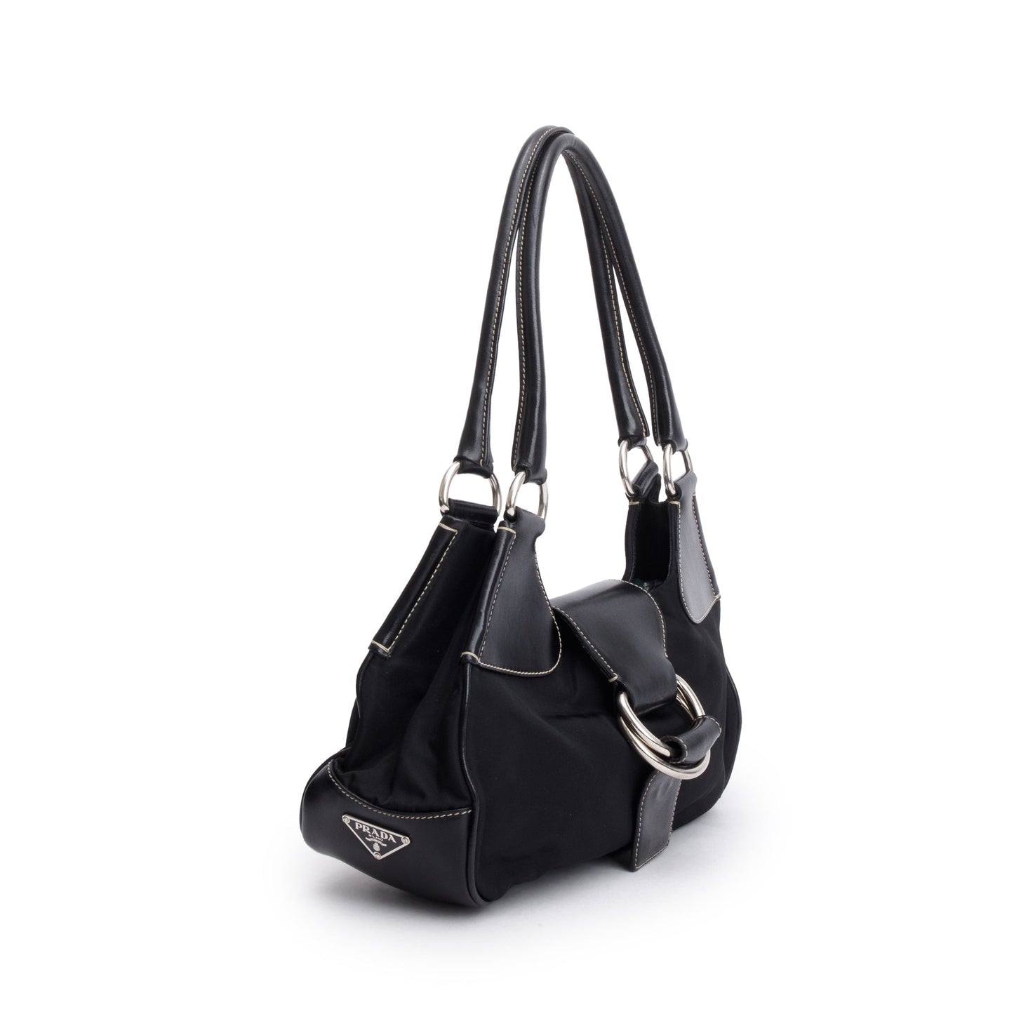 Prada Black Leather-Trimmed Tessuto Nylon Moon Bag