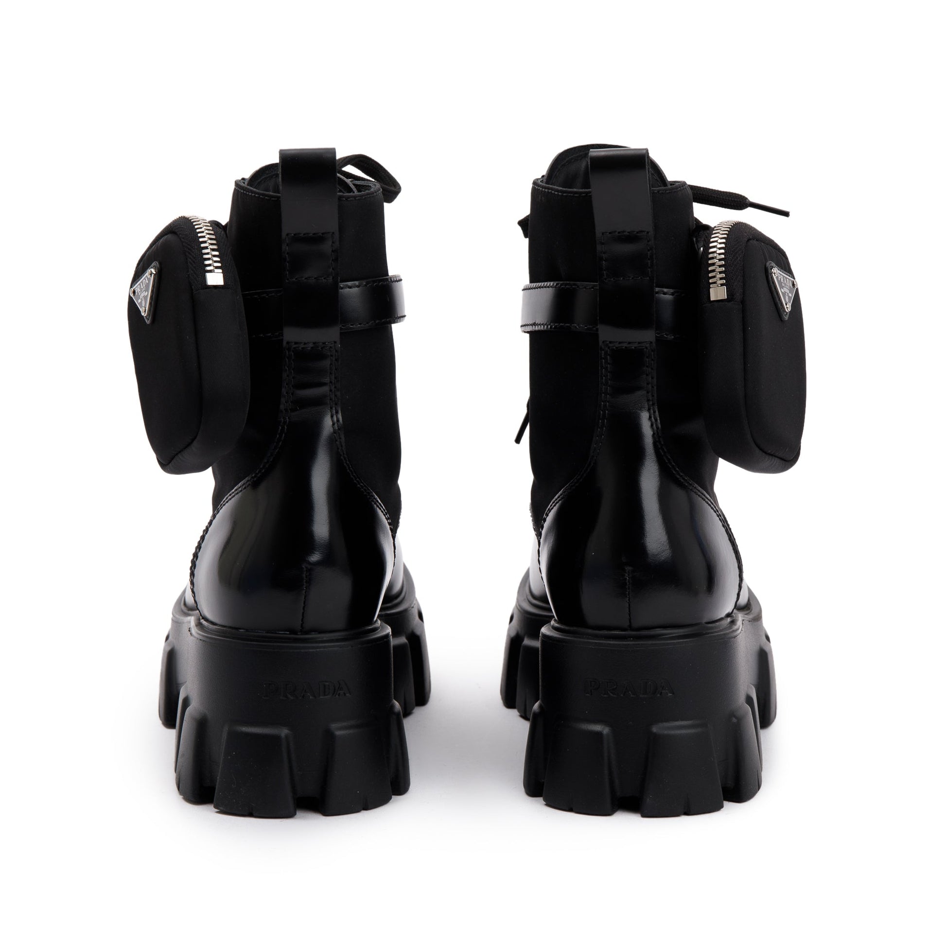 Prada Black Monolith Leather and Re-Nylon Boots with Pouch, Size 38