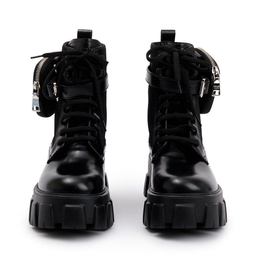 Prada Black Monolith Leather and Re-Nylon Boots with Pouch, Size 38