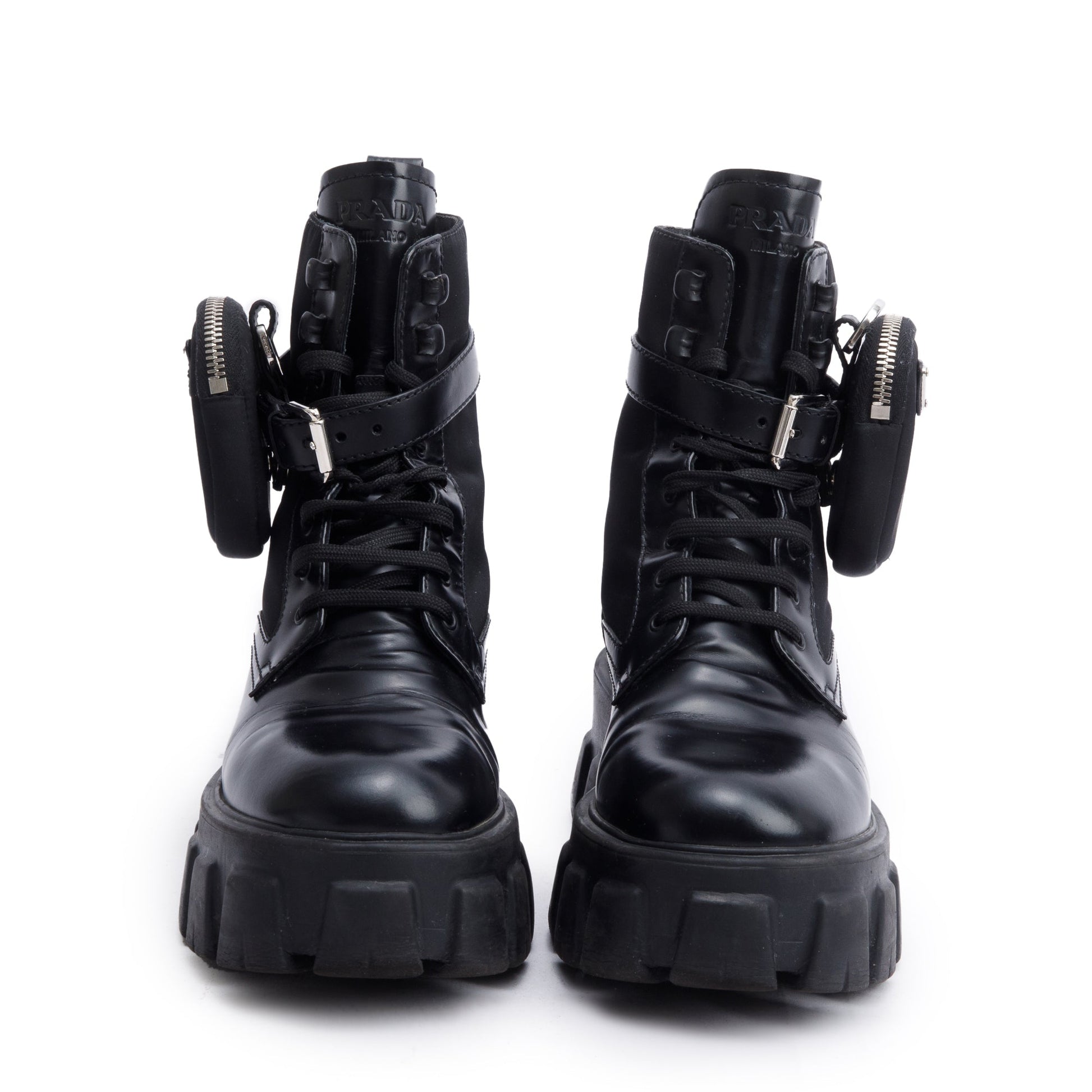 Prada Black Monolith Leather and Re-Nylon Boots with Pouch, Size 38.5