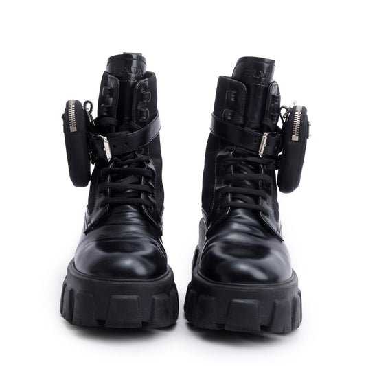Prada Black Monolith Leather and Re-Nylon Boots with Pouch, Size 38.5