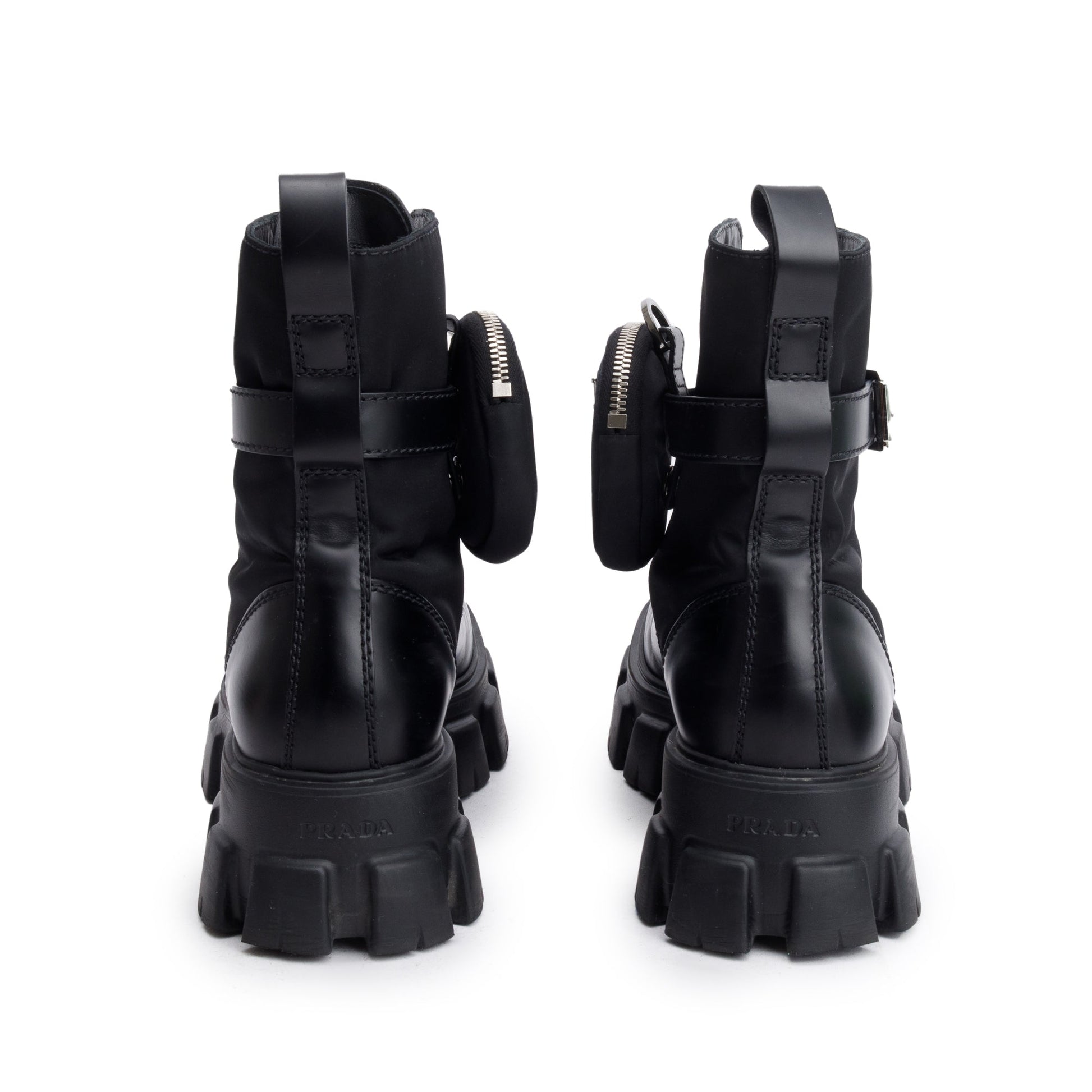 Prada Black Monolith Leather and Re-Nylon Boots with Pouch, Size 8