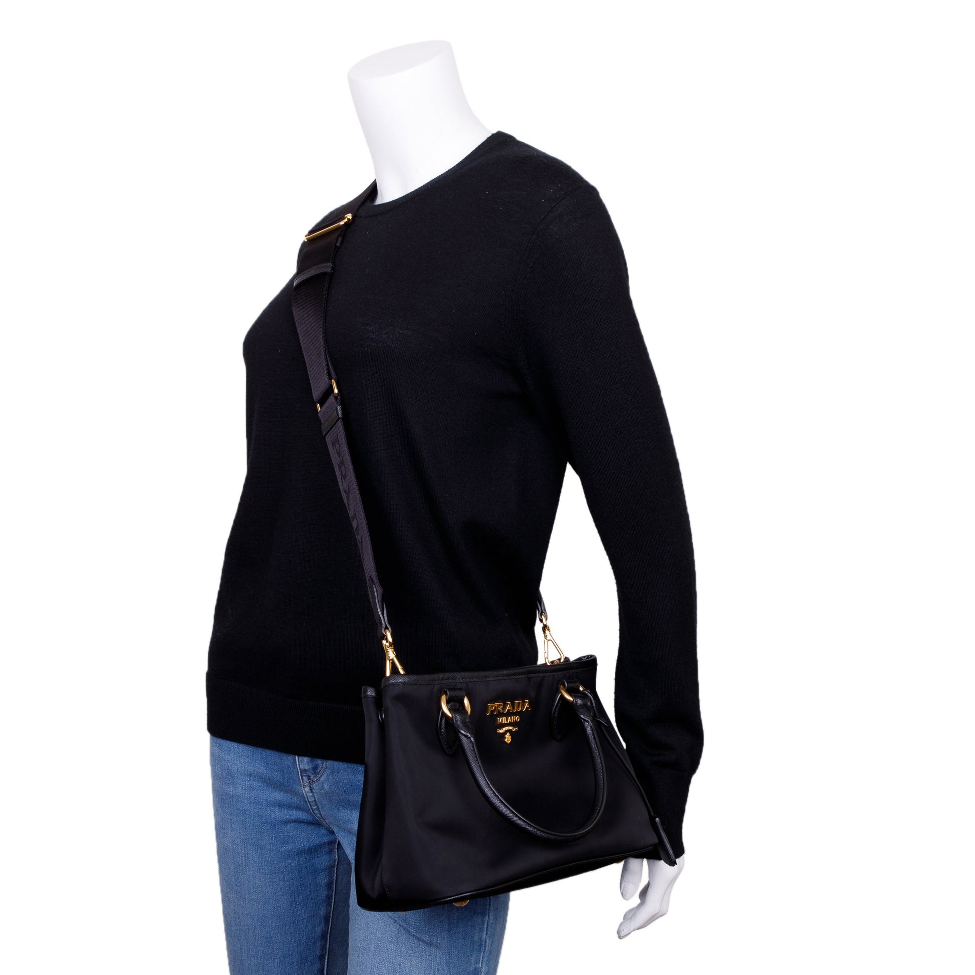 Prada Black Saffiano Leather Trimmed Tessuto Nylon Small Satchel