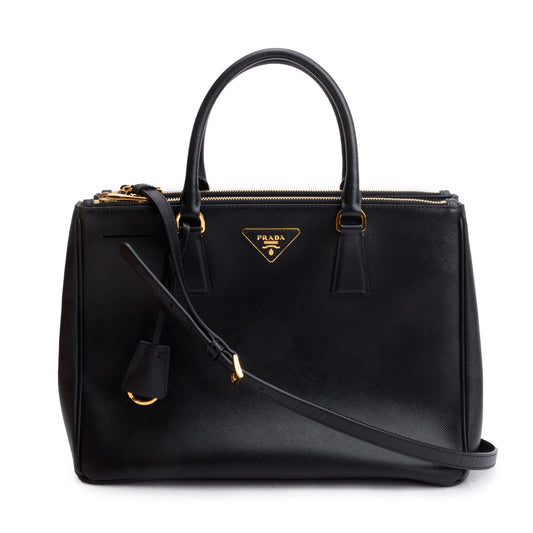 Prada Black Saffiano Lux Medium Double Zip Galleria Tote