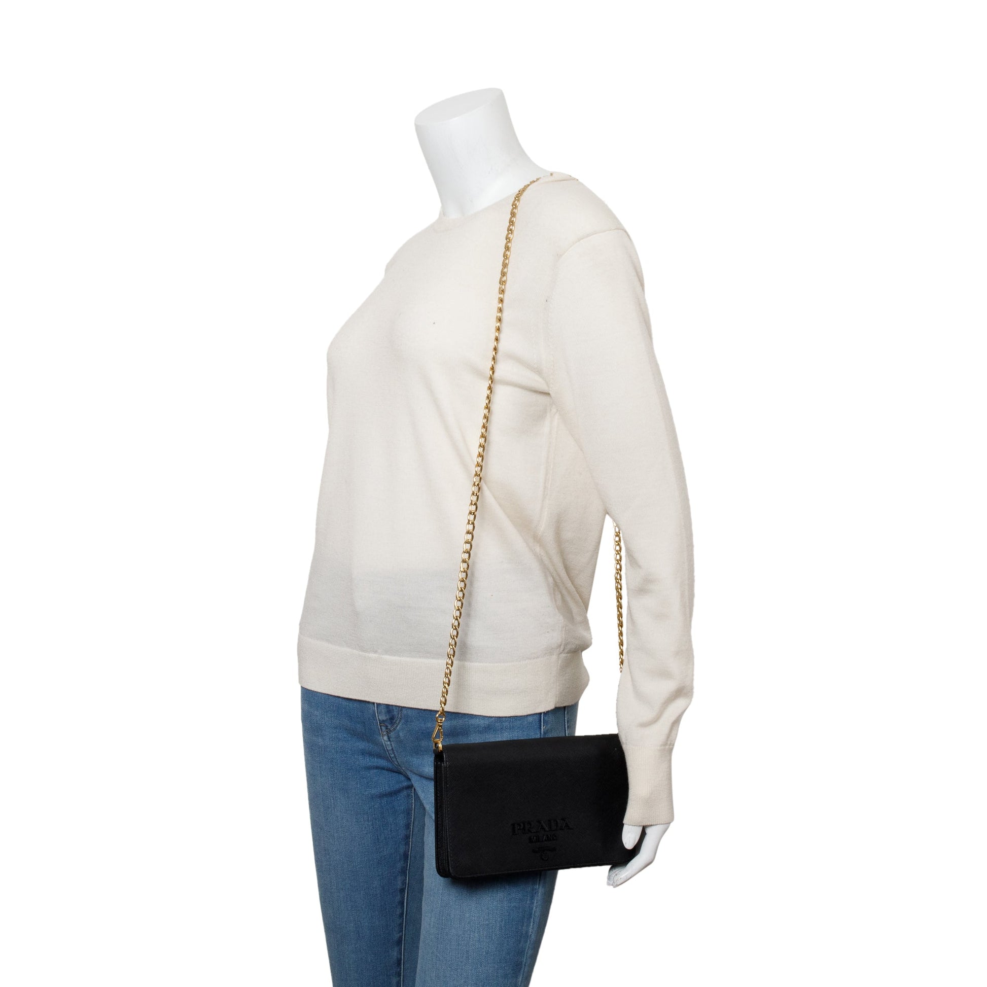 Prada Black Saffiano Lux Monochrome Wallet on Chain