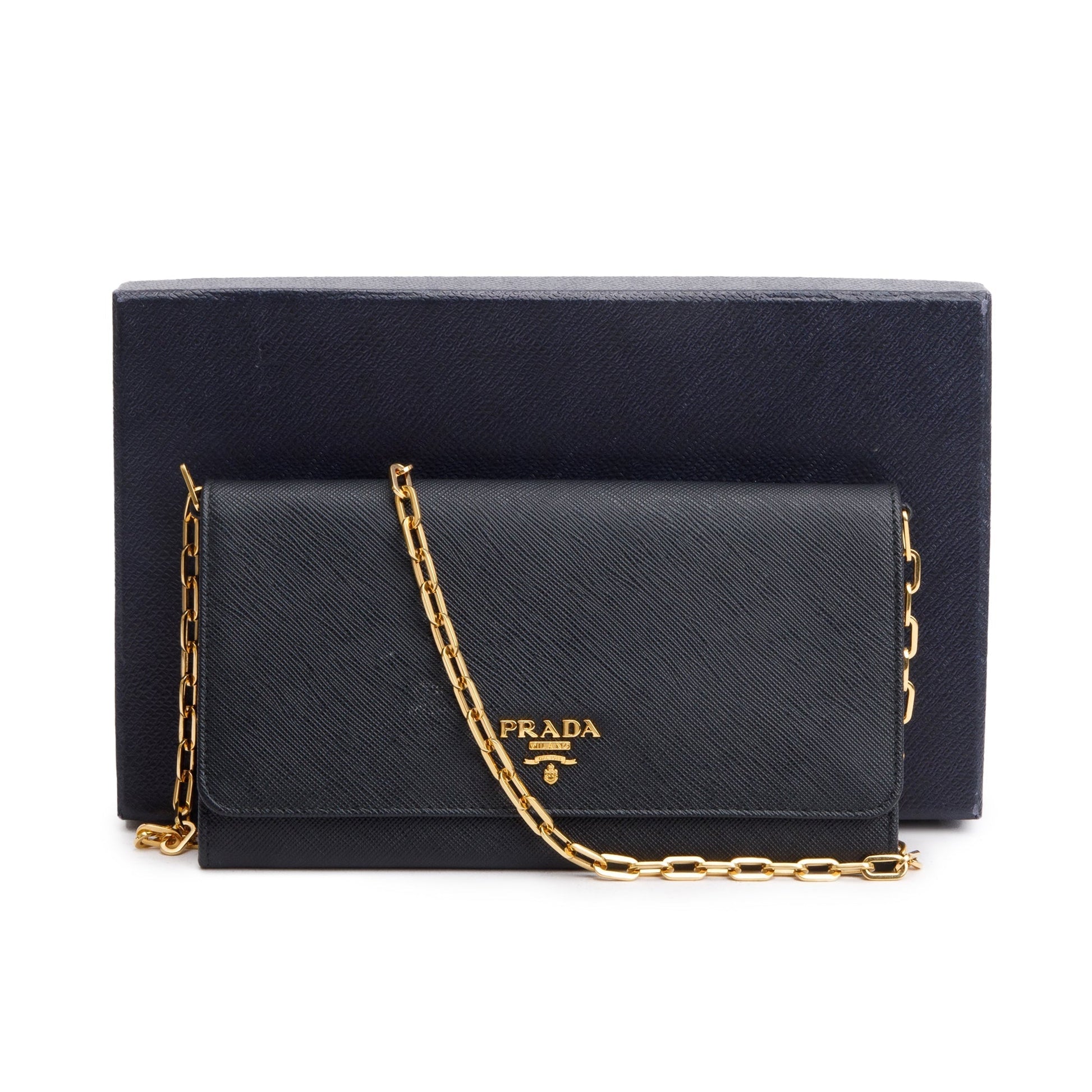 Prada Black Saffiano Metal Continental Wallet on Chain