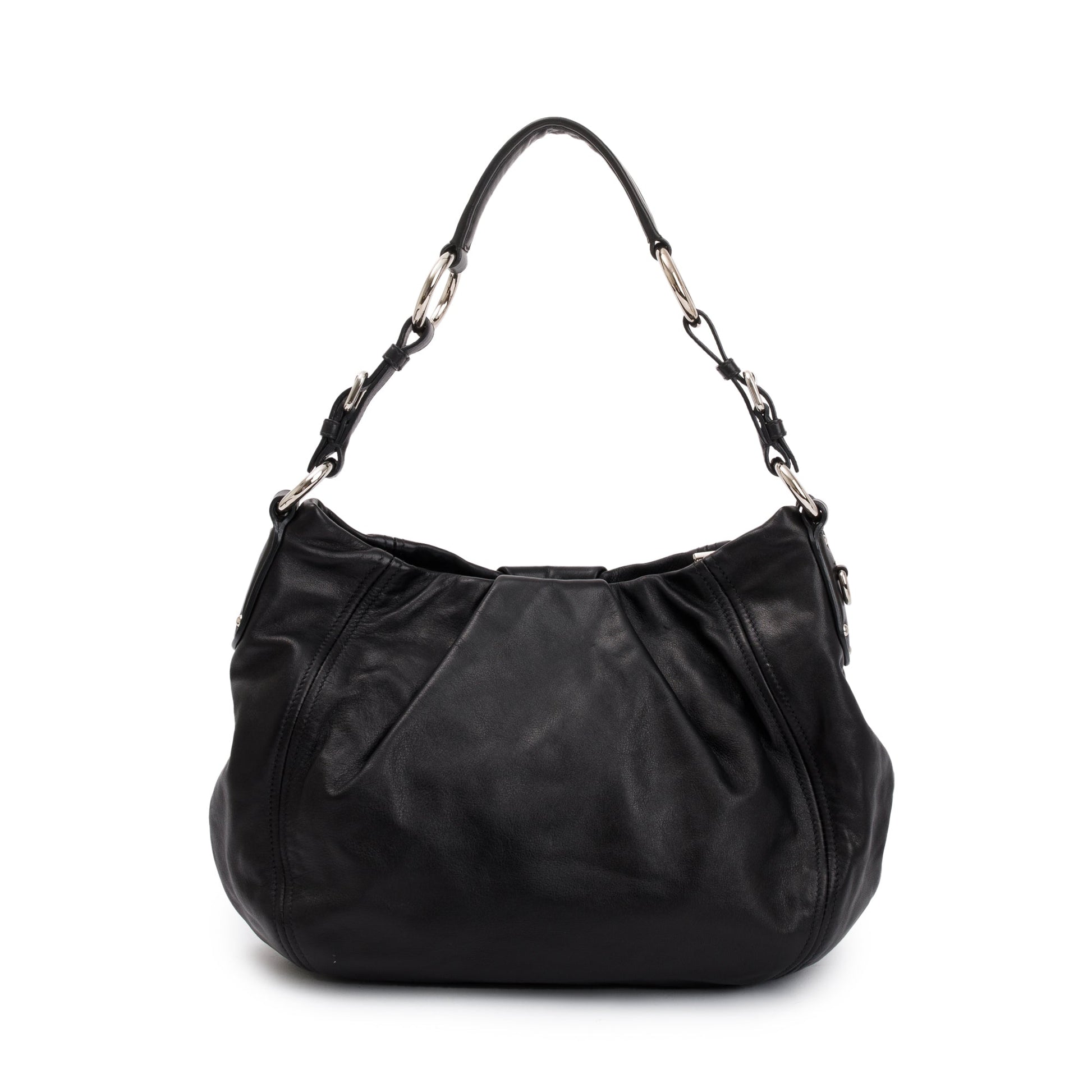 Prada Black Soft Calf Leather Pleated Hobo Bag