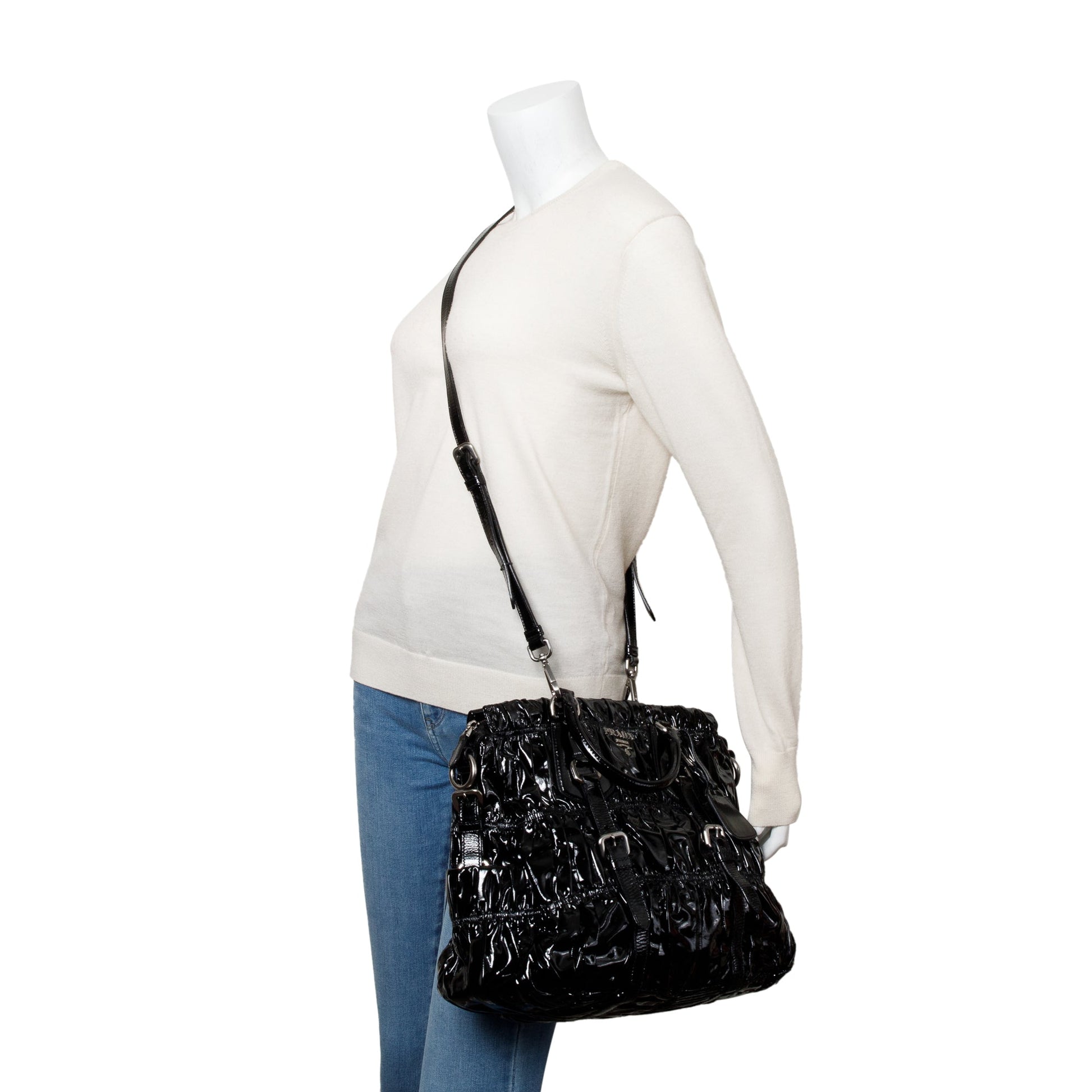 Prada Black Vernice Gaufre Shopping Tote