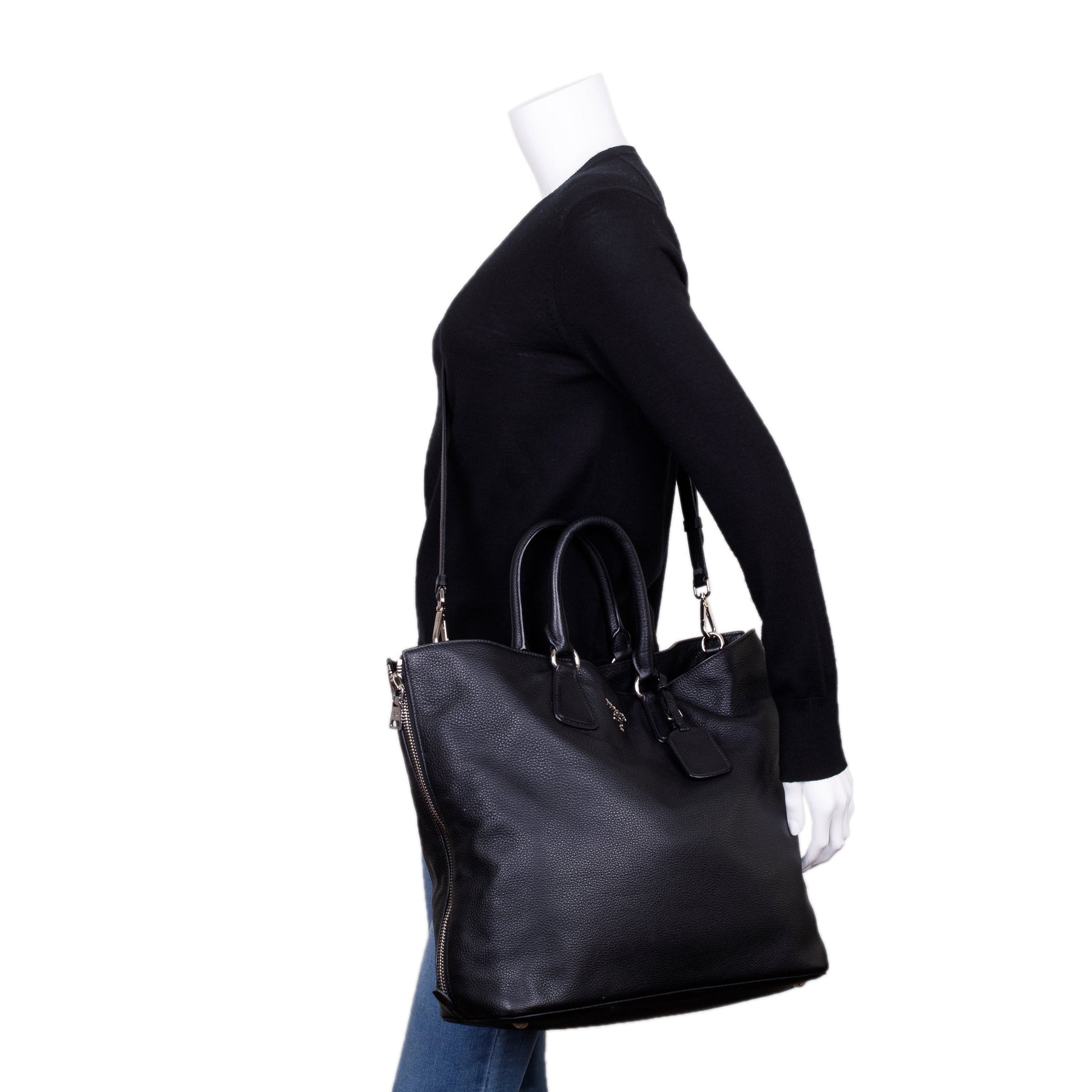 Prada Black Vitello Daino Leather Side Zip Shopping Tote