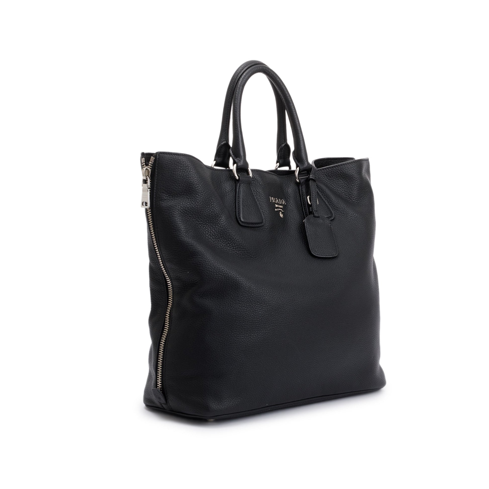 Prada Black Vitello Daino Leather Side Zip Shopping Tote