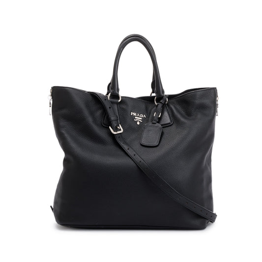 Prada Black Vitello Daino Leather Side Zip Shopping Tote
