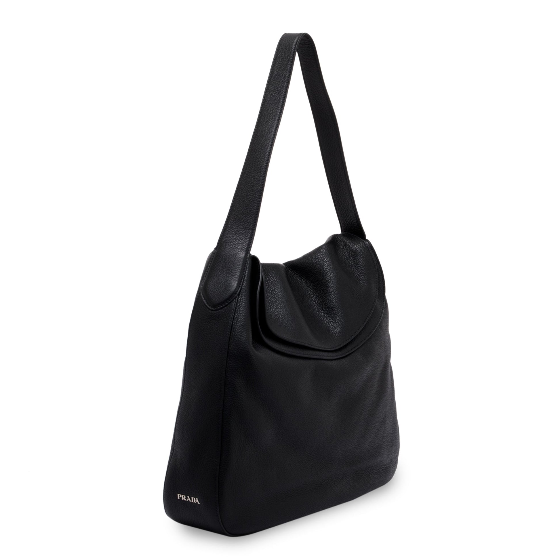 Prada Black Vitello Daino Medium Double Flap Hobo