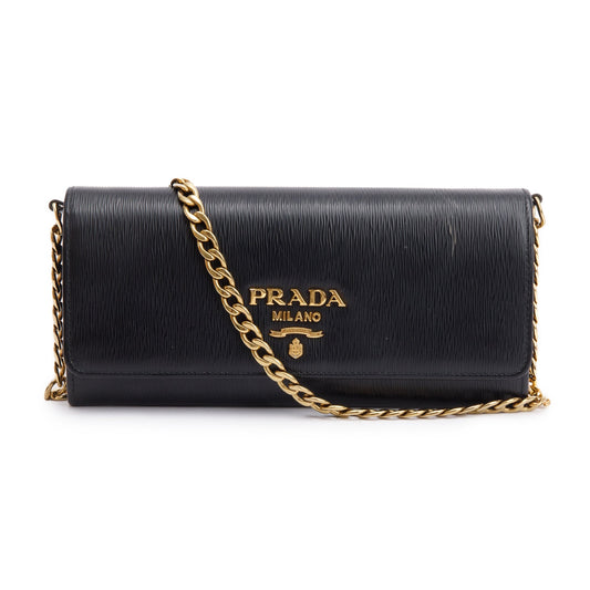 Prada Black Vitello Move Continental Wallet on Chain