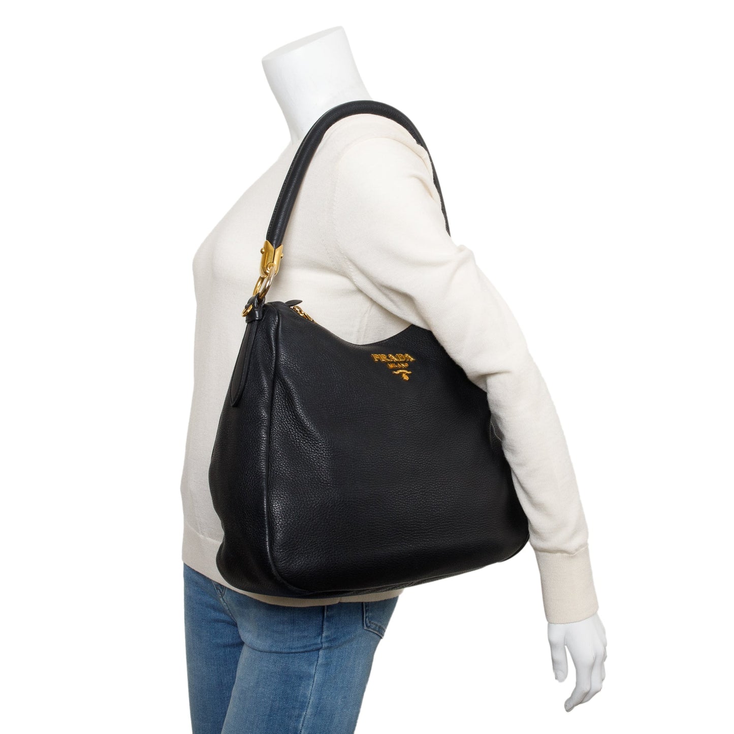 Prada Black Vitello Phenix Convertible Hobo