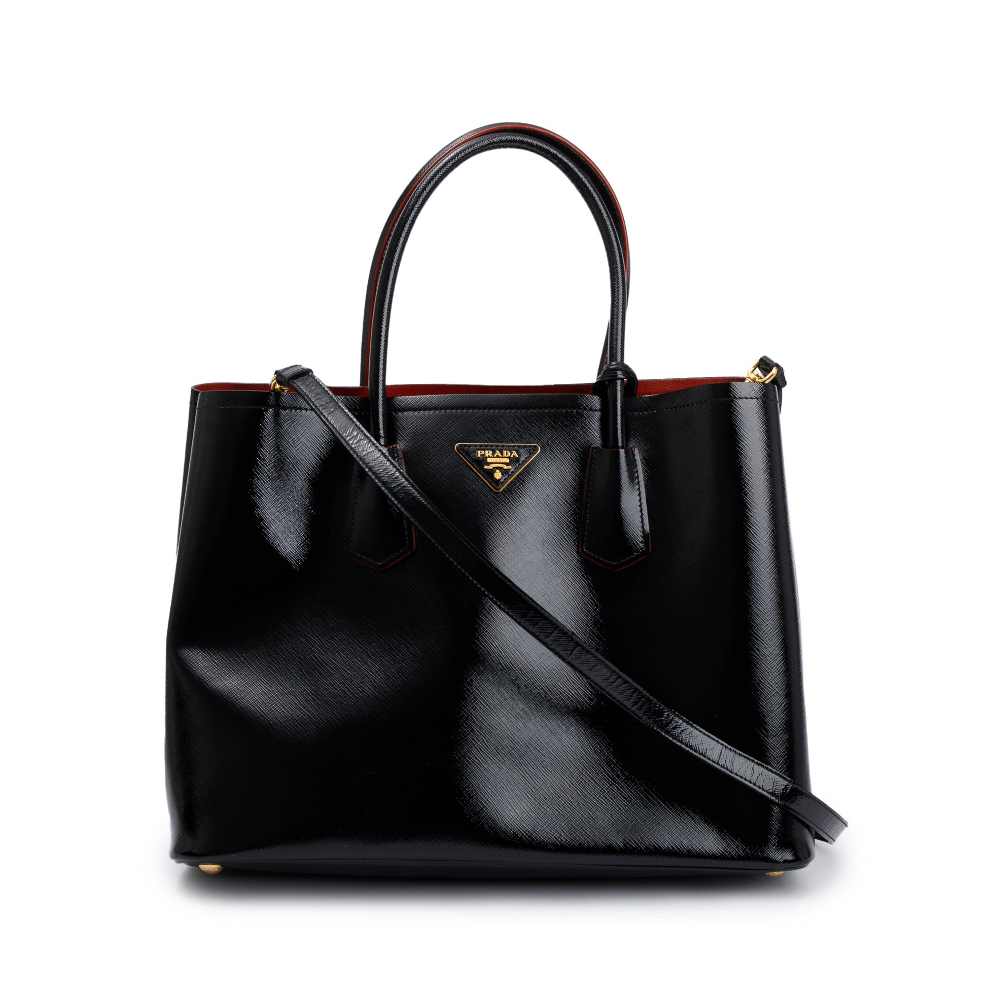 Prada Black/Red Saffiano Vernice Shiny Medium Cuir Double Tote