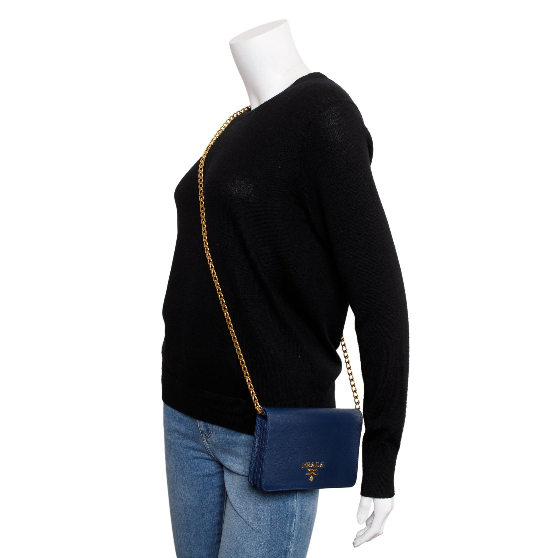 Prada Blue Saffiano Lux Wallet on Chain