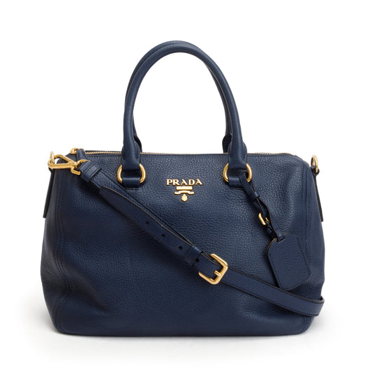 Prada Blue Vitello Phenix Leather Bauletto