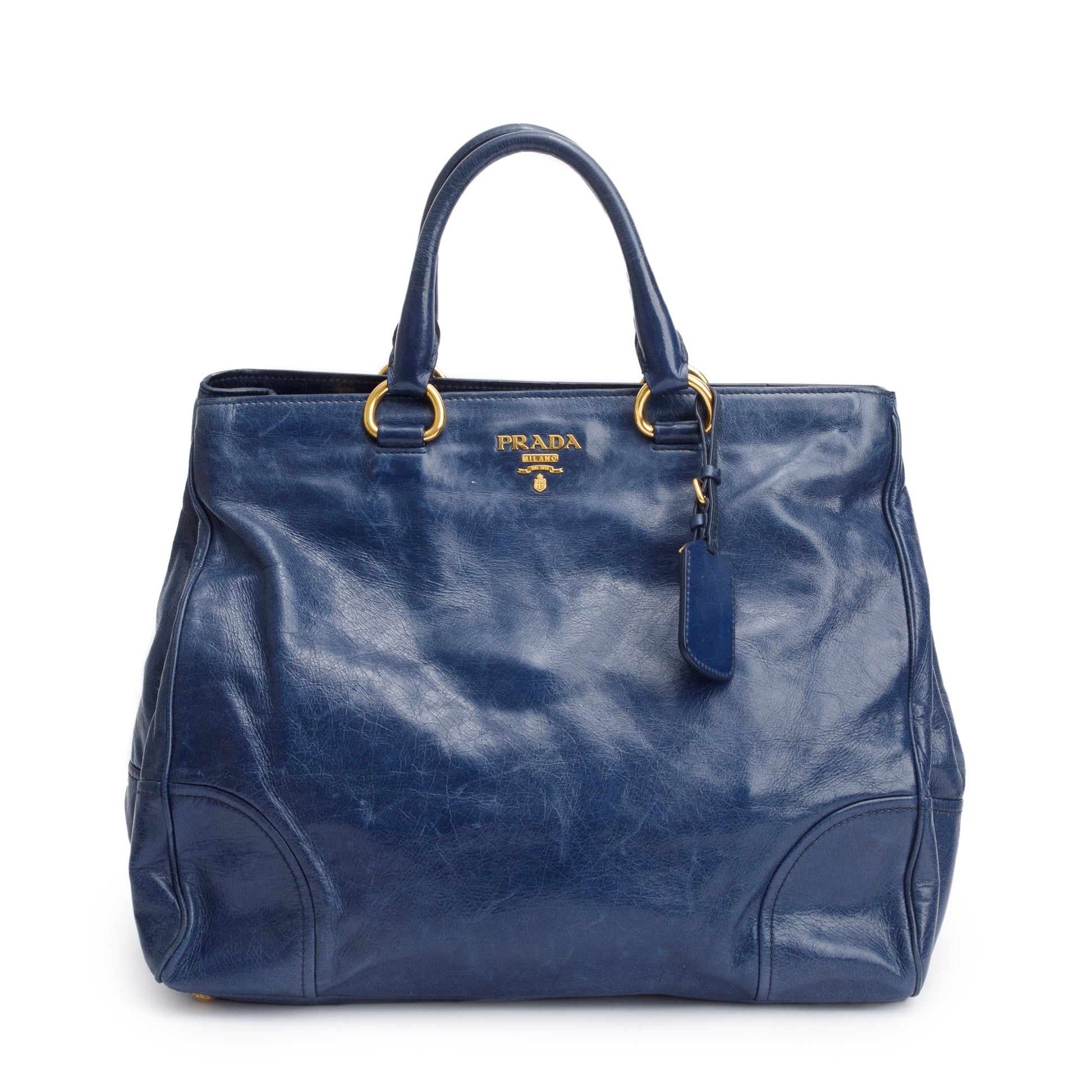 Prada Blue Vitello Shine Leather Shopping Tote