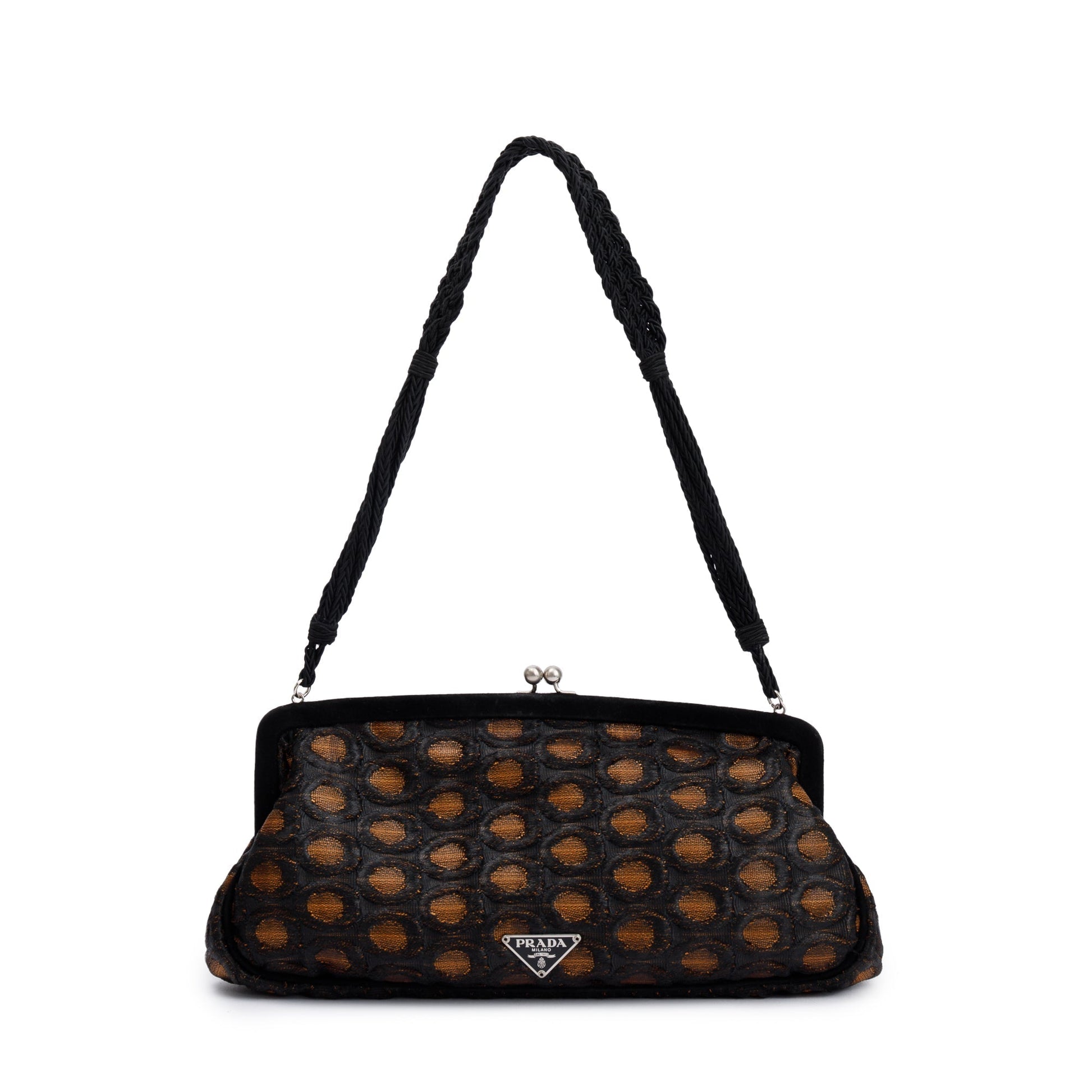 Prada Brown/ Beige Embroidered Satin Black Velvet Raso Frame Bag