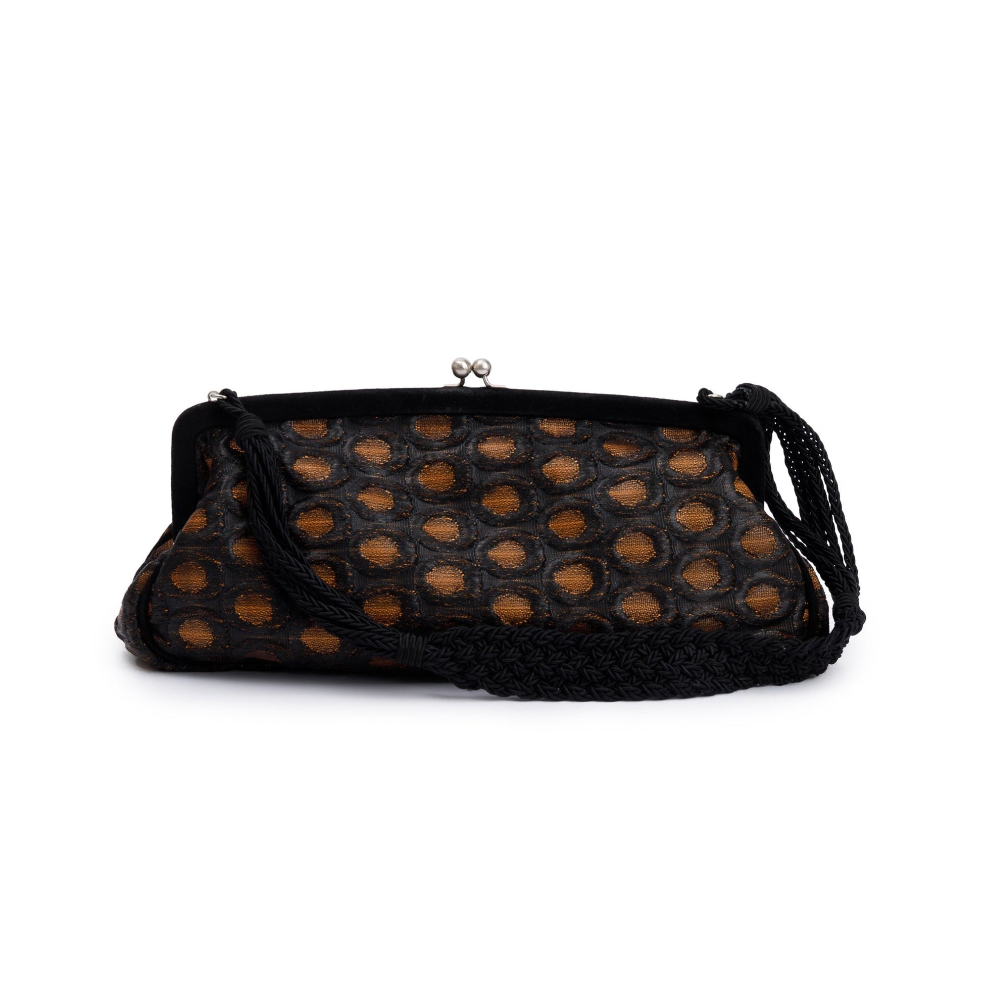 Prada Brown/ Beige Embroidered Satin Black Velvet Raso Frame Bag