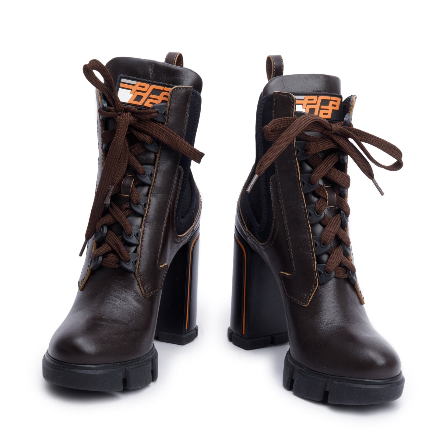 Prada Brown Leather Graphic Print Lace-Up Boots, Size 37.5