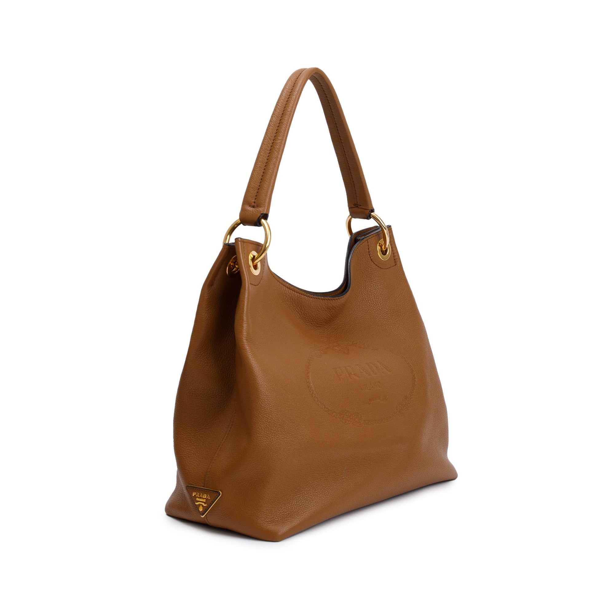 Prada Brown Vitello Daino Medium Logo Hobo Bag